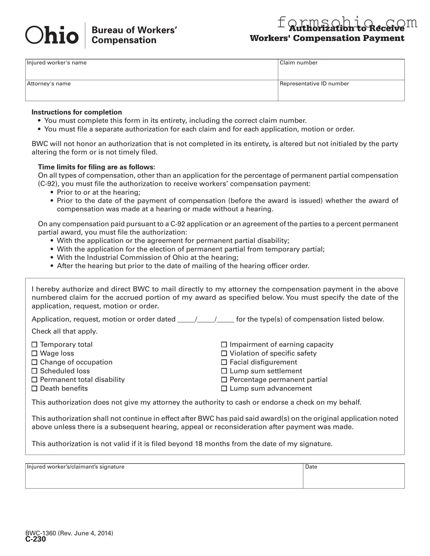 Fill a Valid C 230 Ohio Form