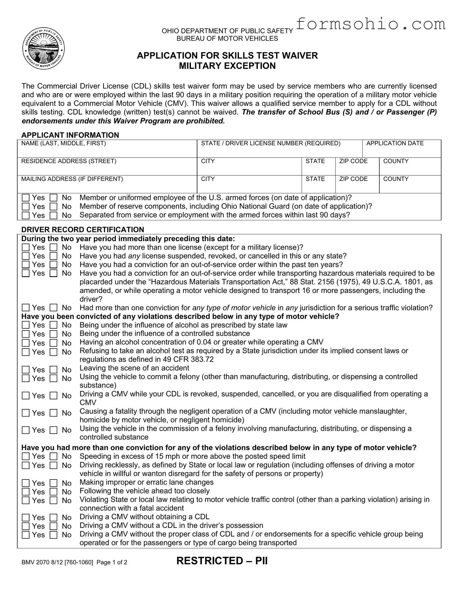 Fill a Valid Cdl Ohio 2070 Form