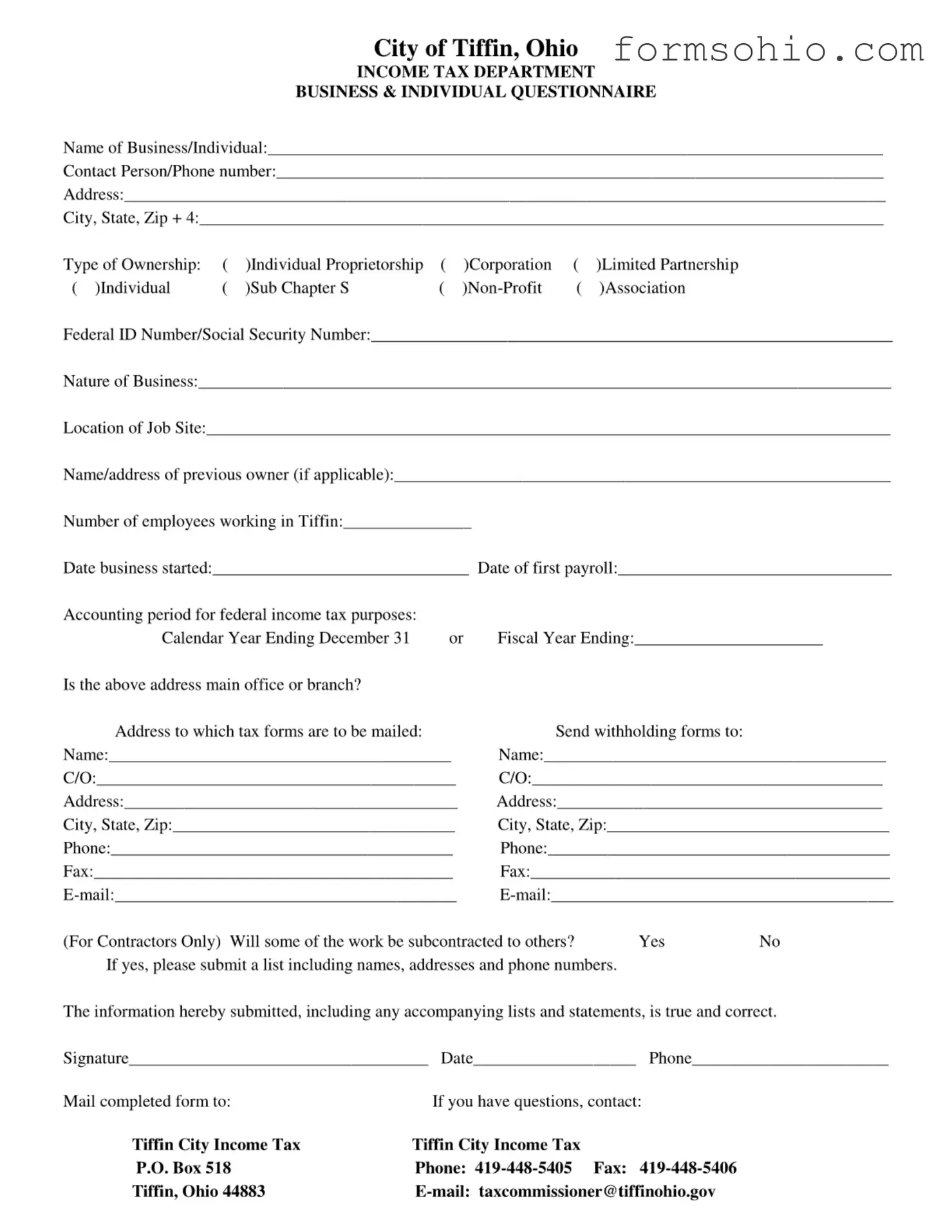 Fill a Valid City Of Tiffin Ohio Income Tax Form