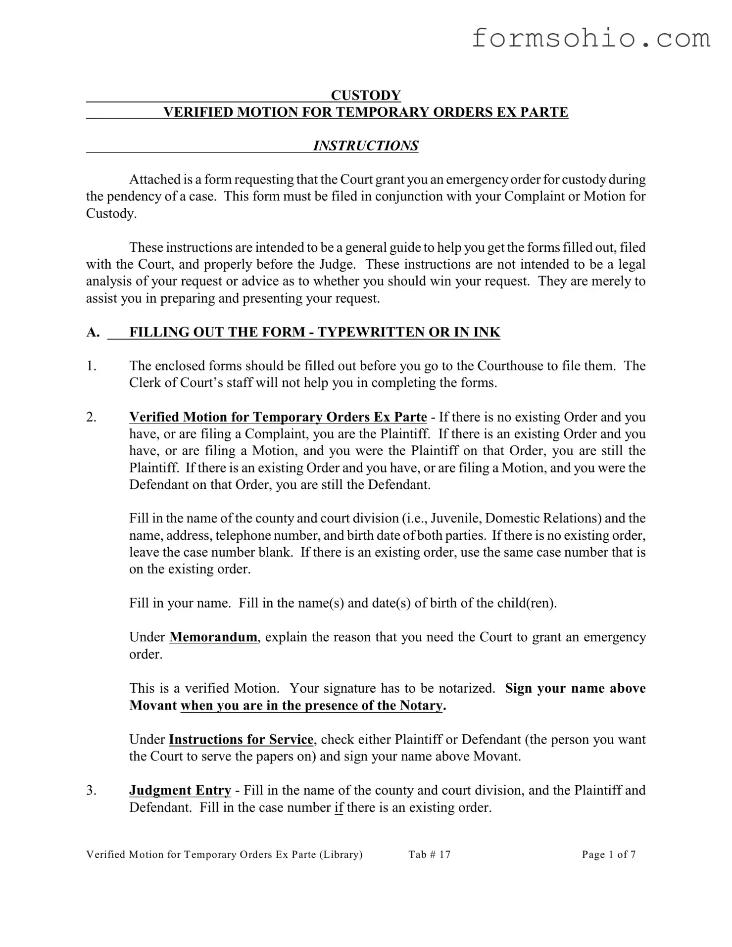 Fill a Valid Ex Parte Temporary Custody Order Ohio Form