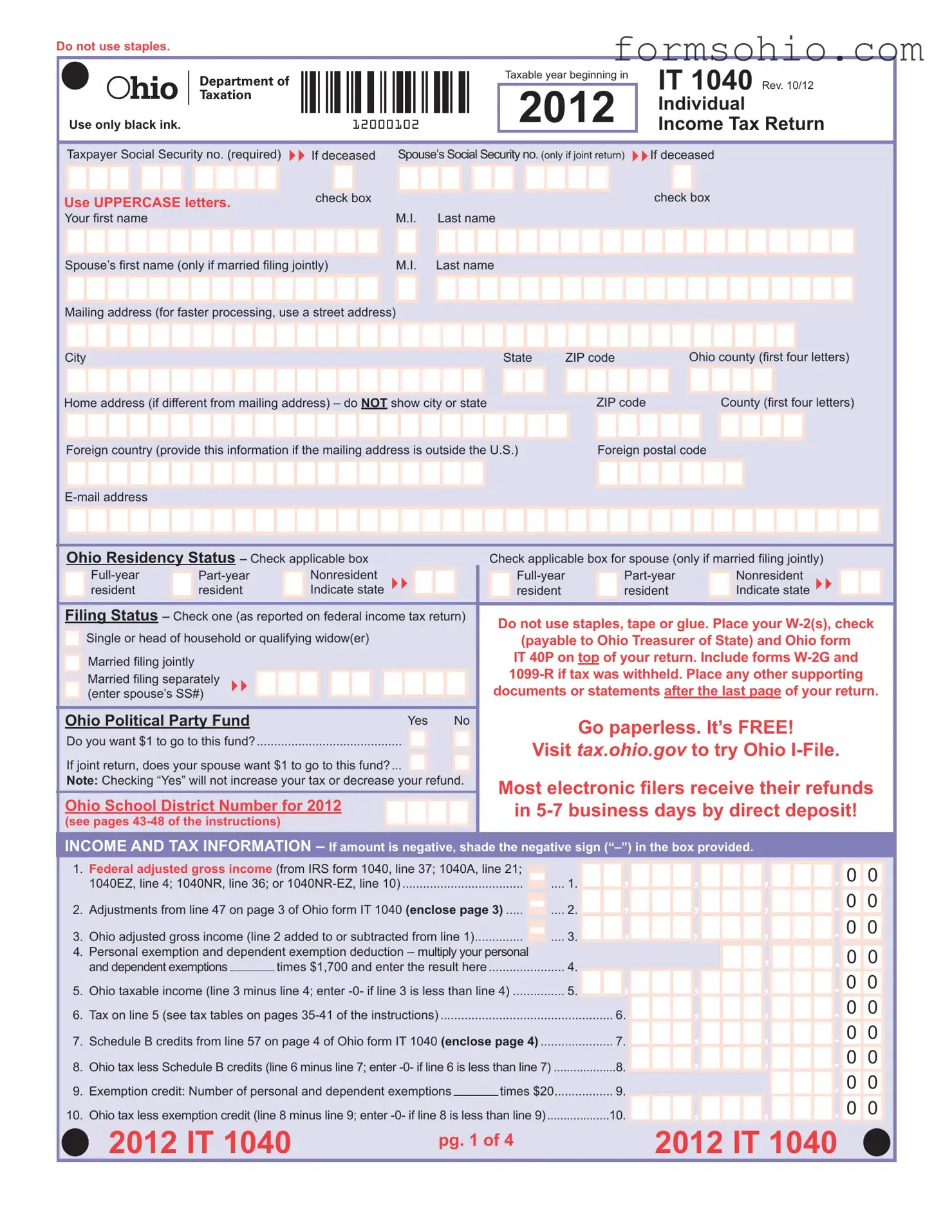 Fill a Valid It 1040 Ohio Form