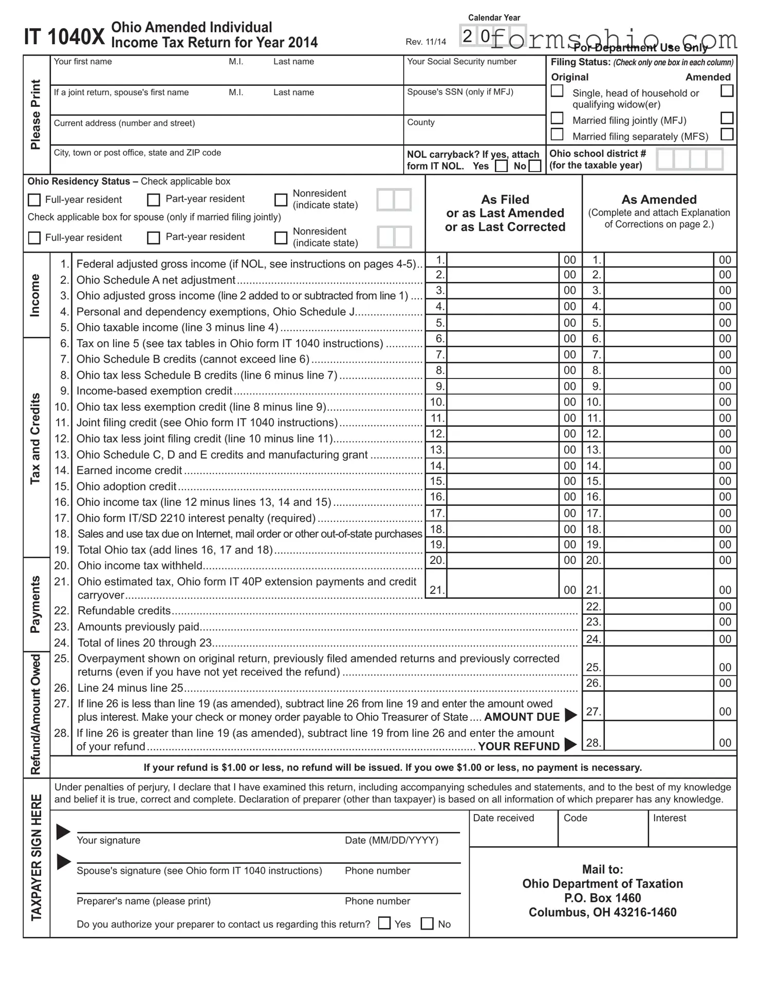 Fill a Valid It 1040X Ohio Form
