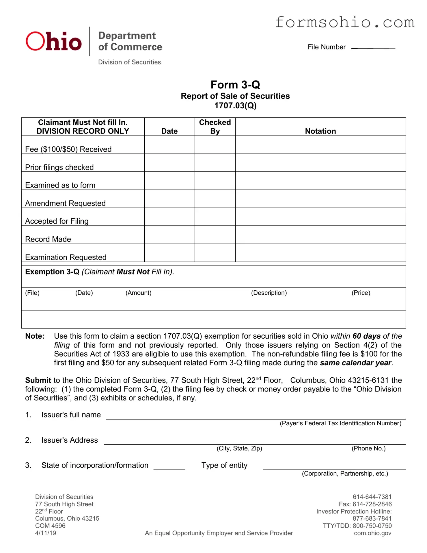 Fill a Valid Ohio 3 Q Form