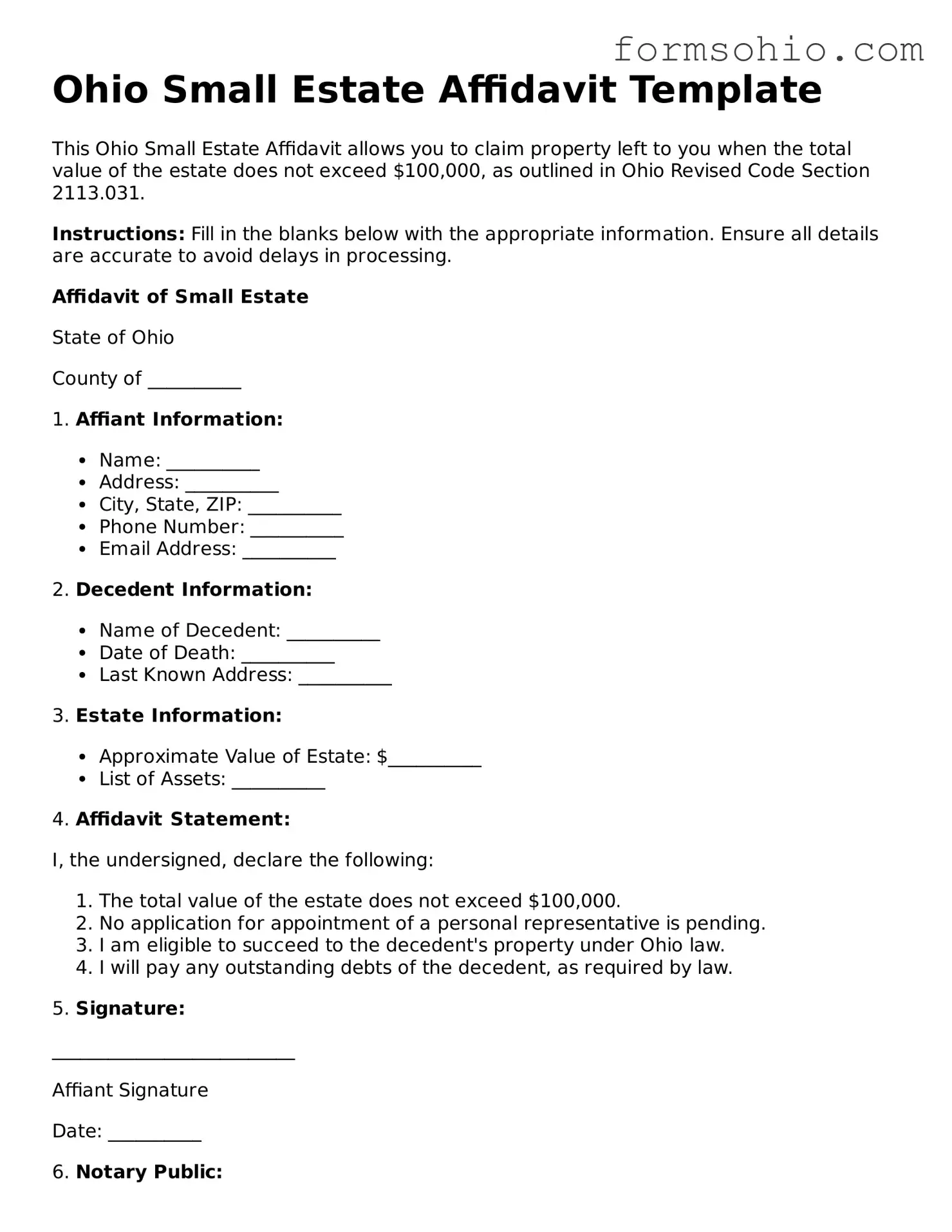 Printable Small Estate Affidavit Template for the State of Ohio