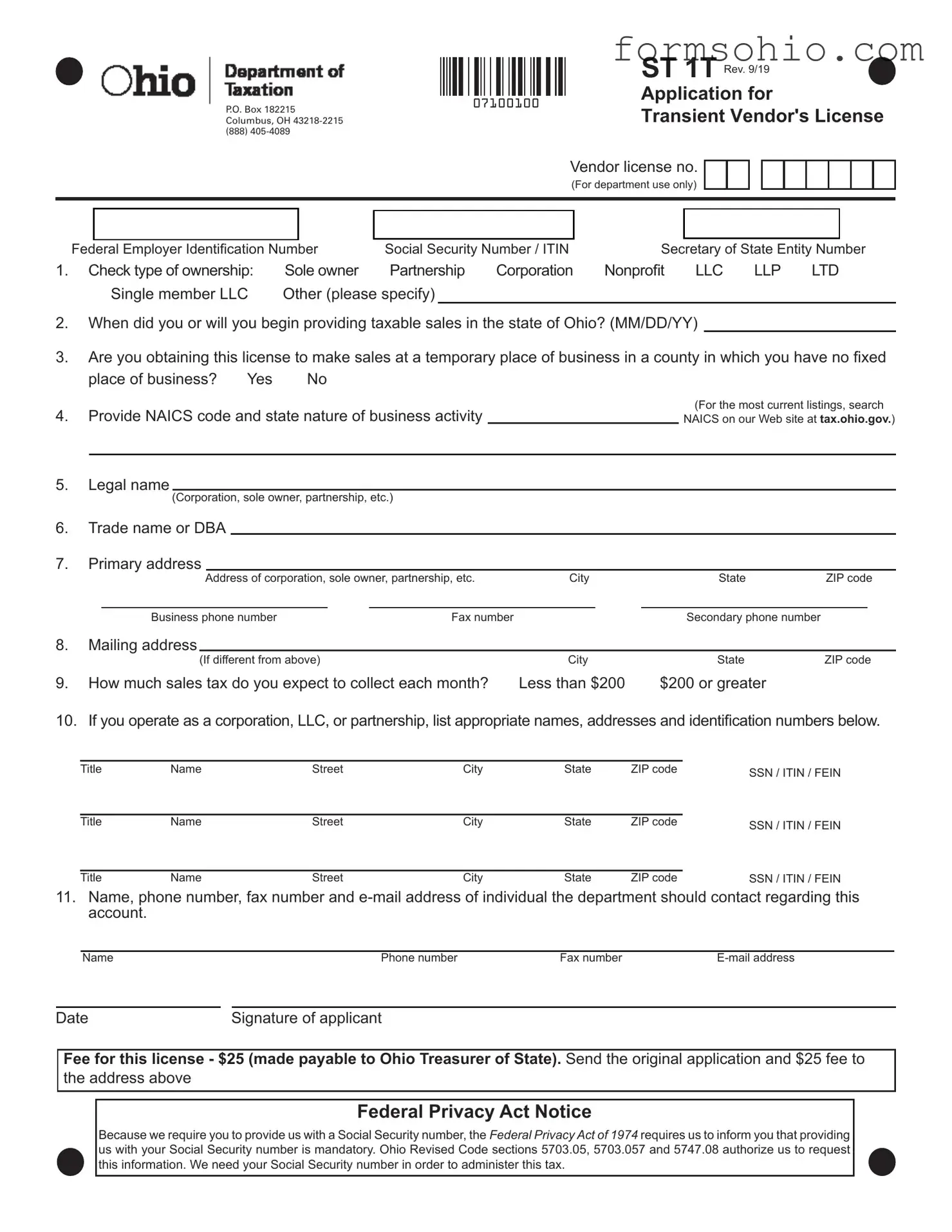 Fill a Valid Ohio Application For Vendors License Form