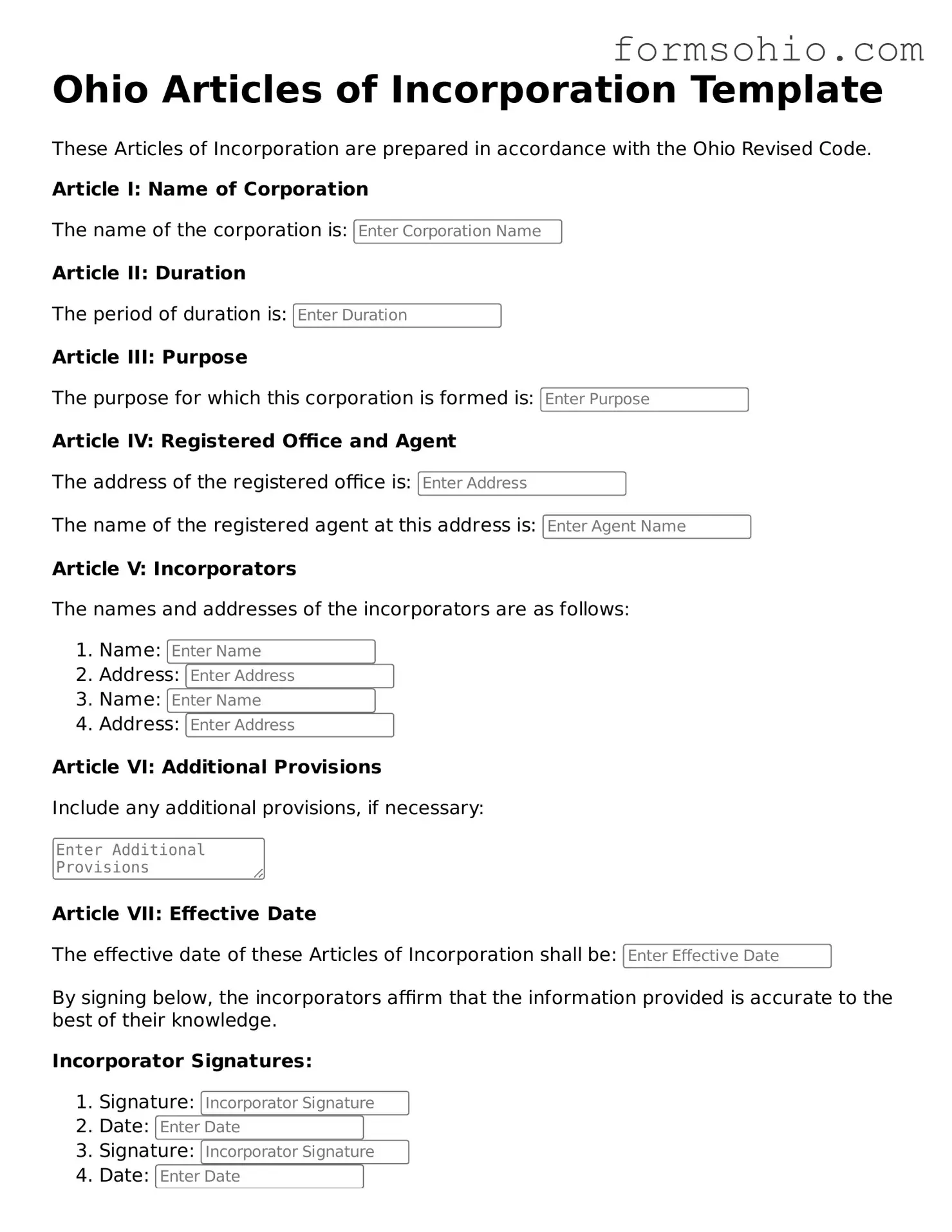 Printable Articles of Incorporation Template for the State of Ohio