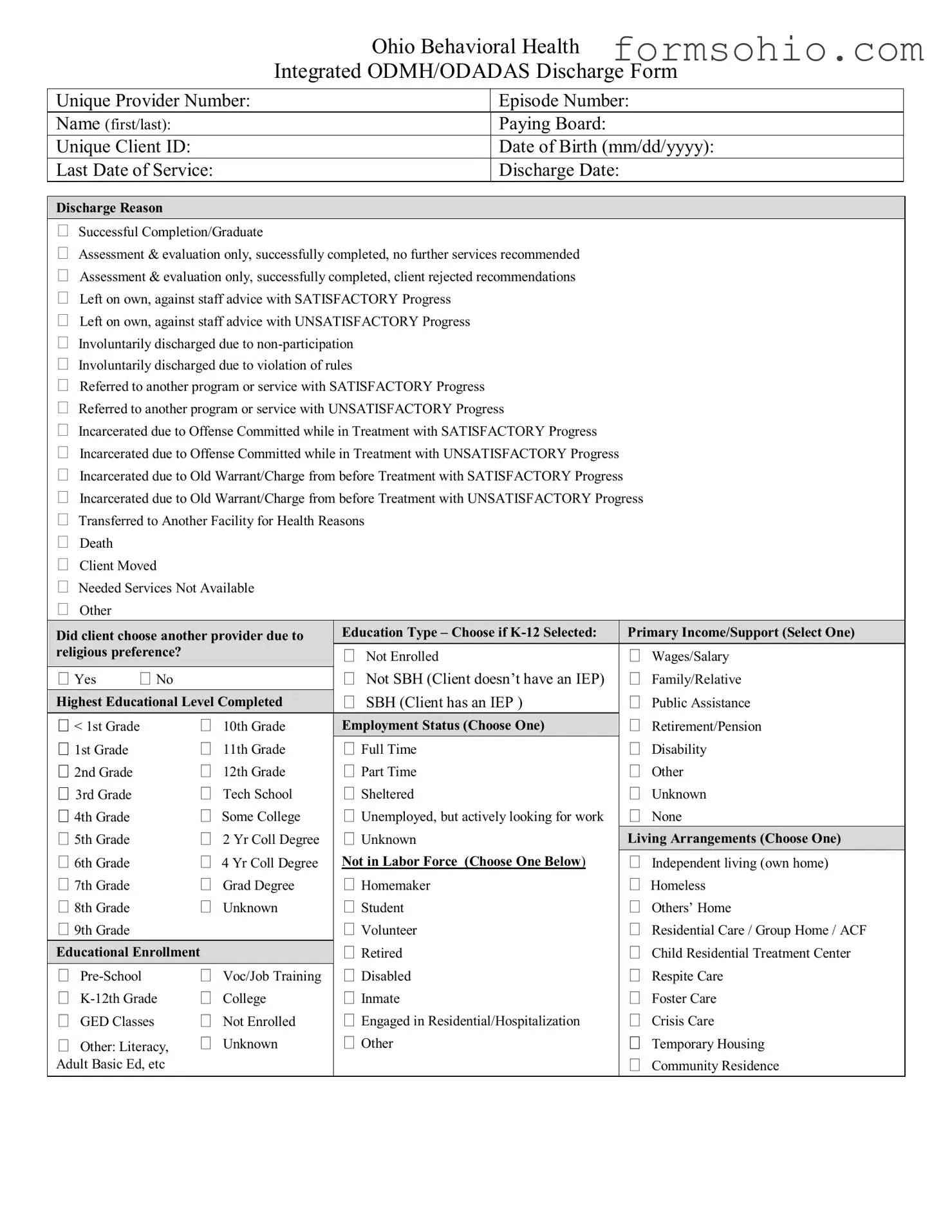 Fill a Valid Ohio Behavioral Discharge Form