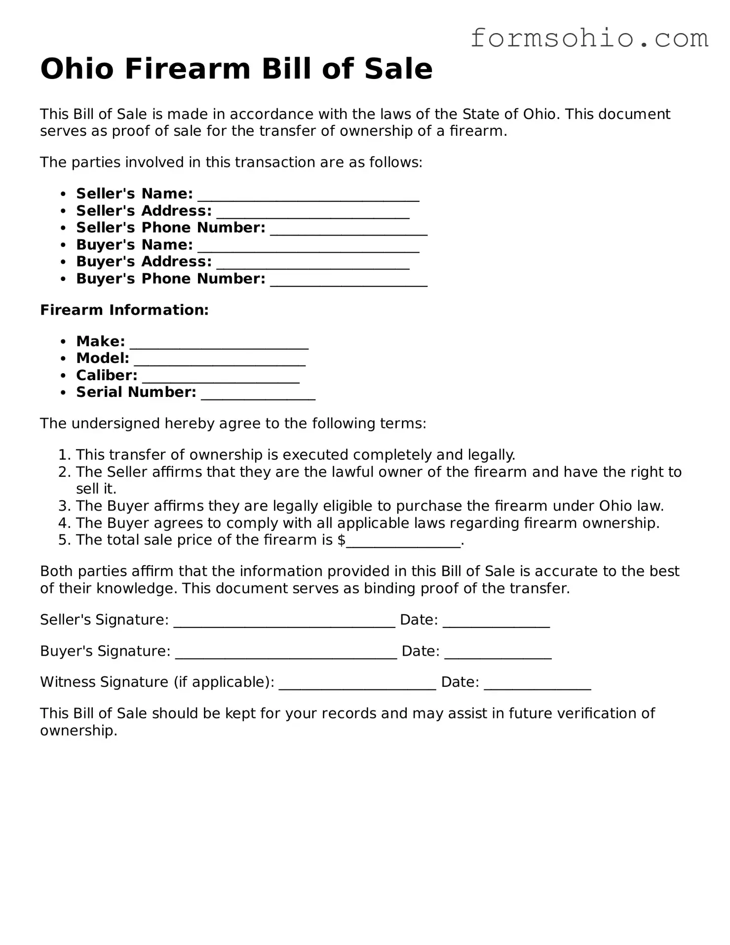 Printable Firearm Bill of Sale Template for the State of Ohio
