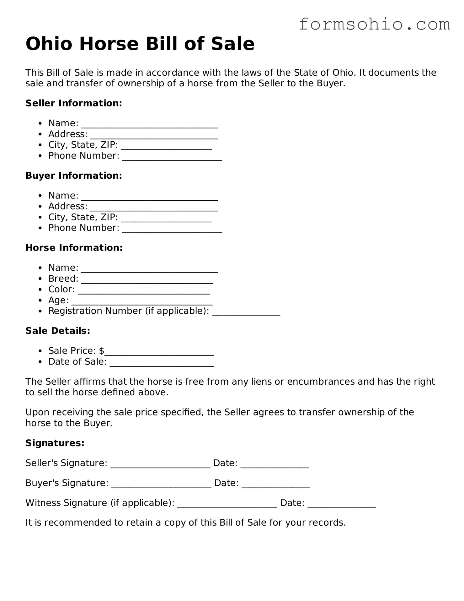 Printable Horse Bill of Sale Template for the State of Ohio