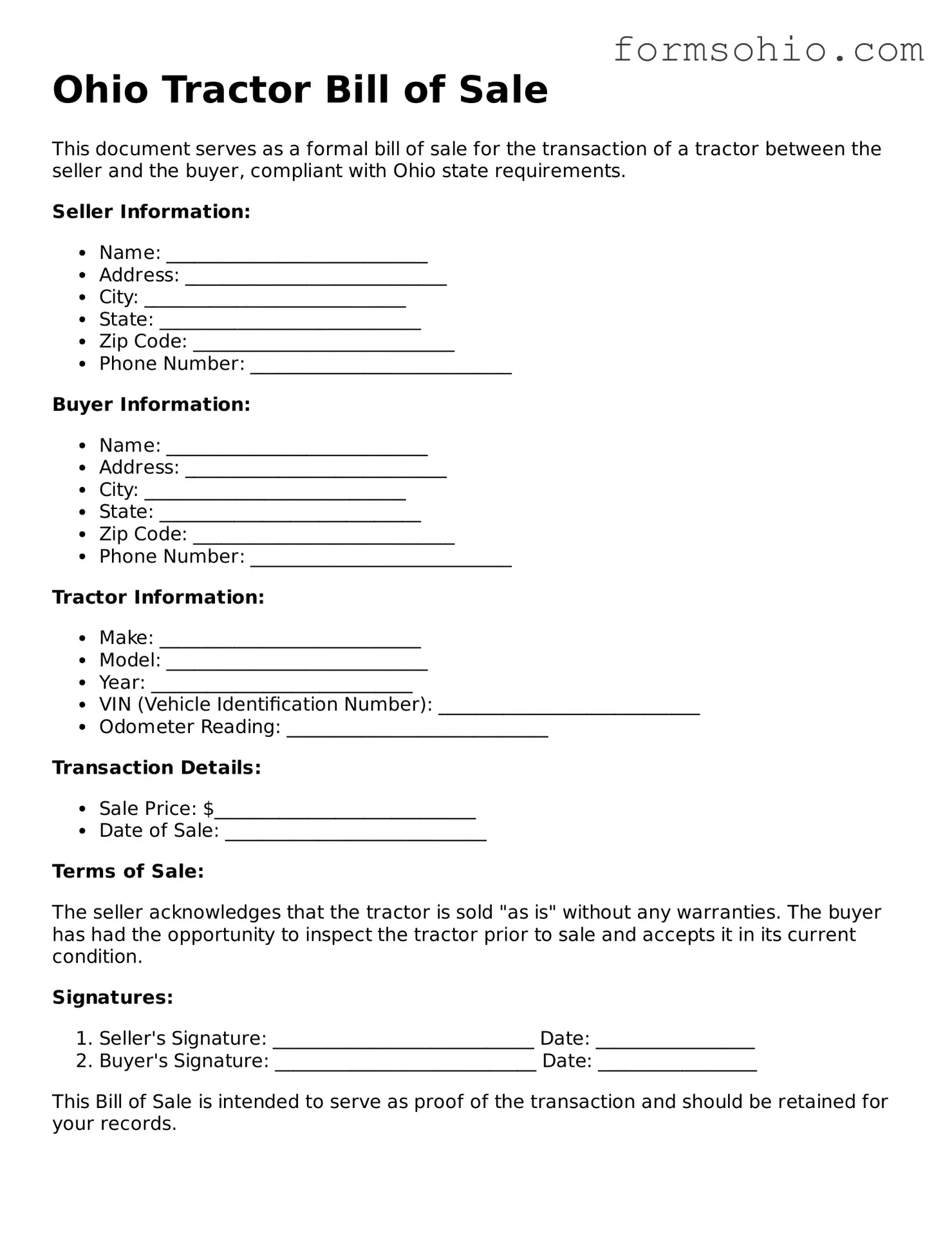 Printable Tractor Bill of Sale Template for the State of Ohio