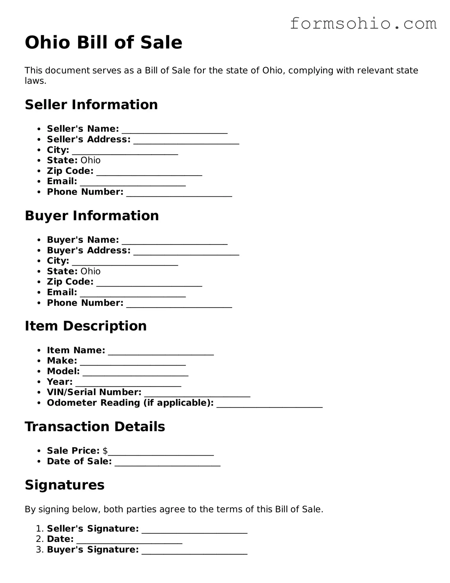 Printable Bill of Sale Template for the State of Ohio