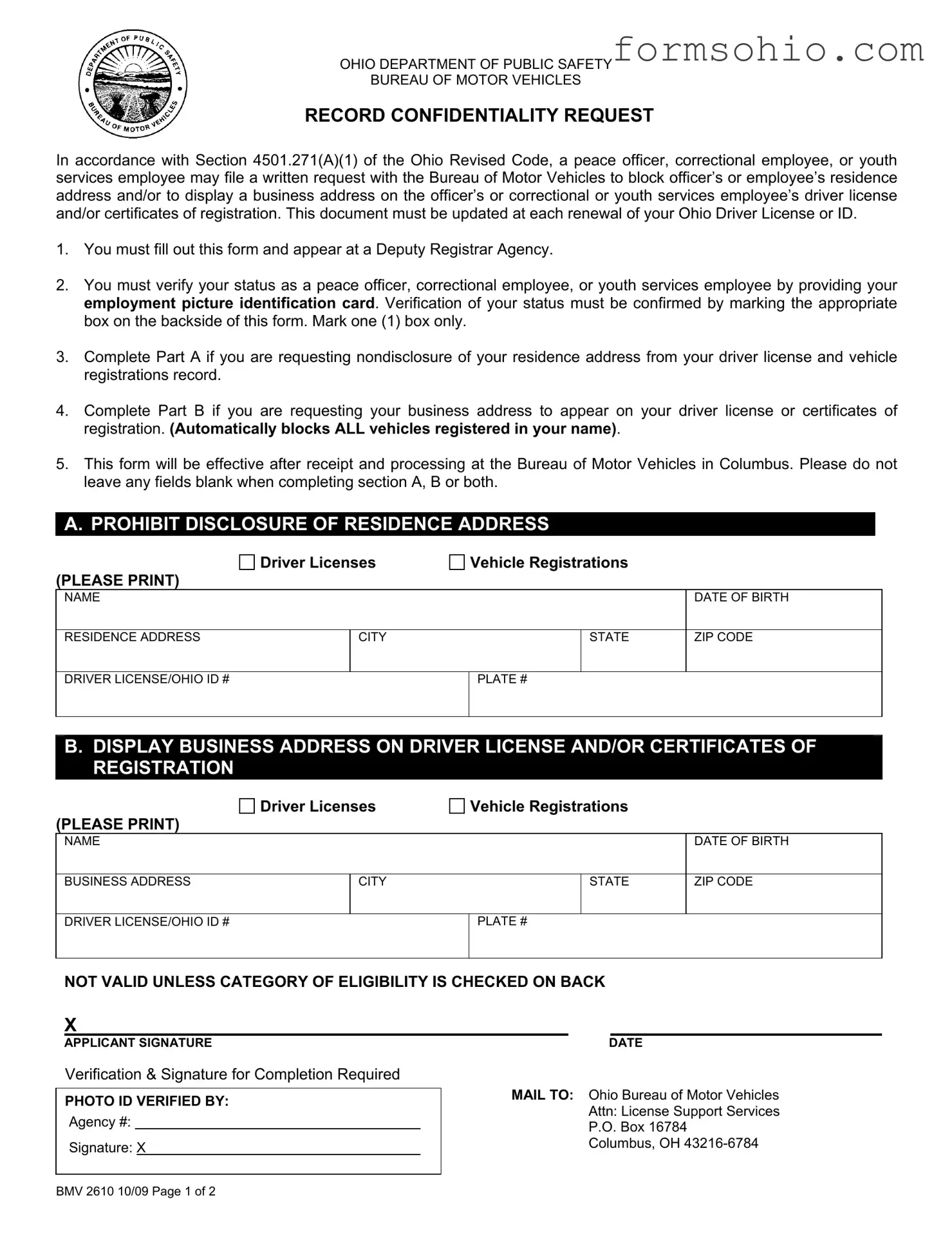 Fill a Valid Ohio Bmv 2610 Form