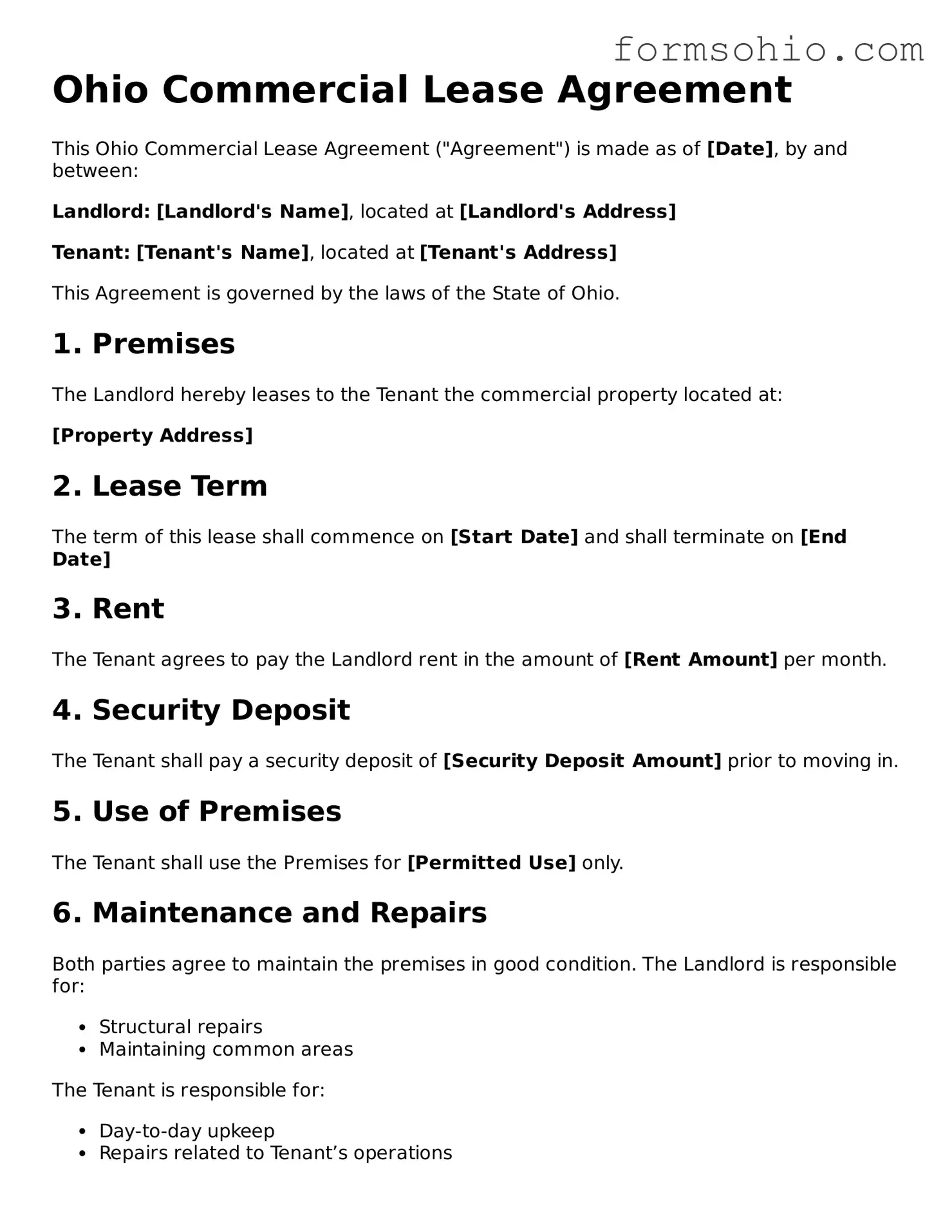 Printable Commercial Lease Agreement Template for the State of Ohio