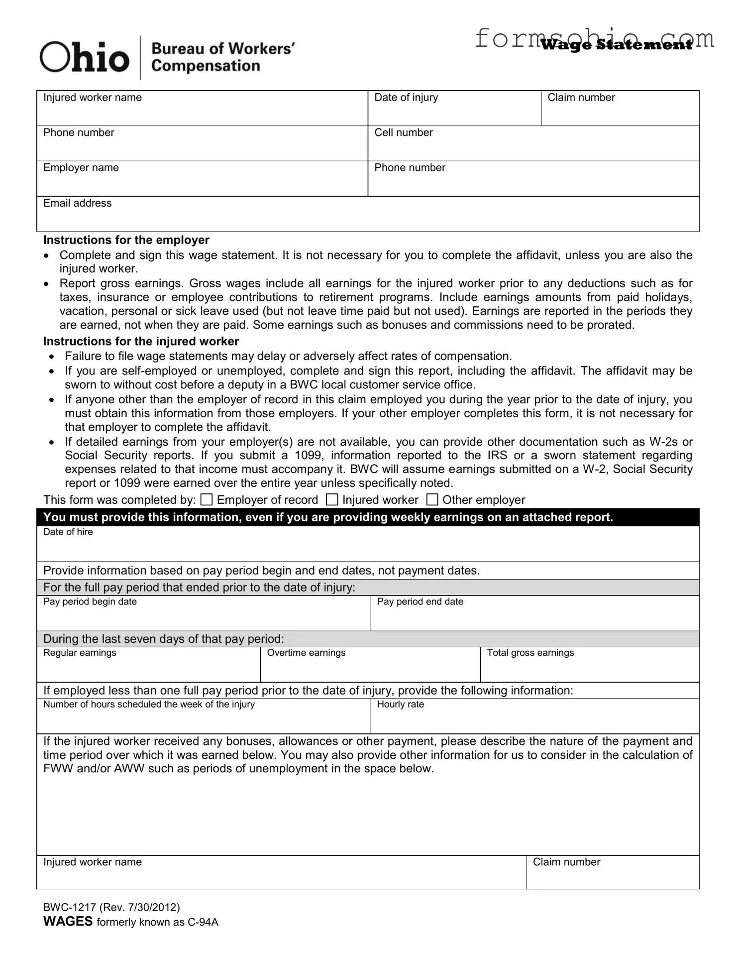 Fill a Valid Ohio Bwc 1217 Form