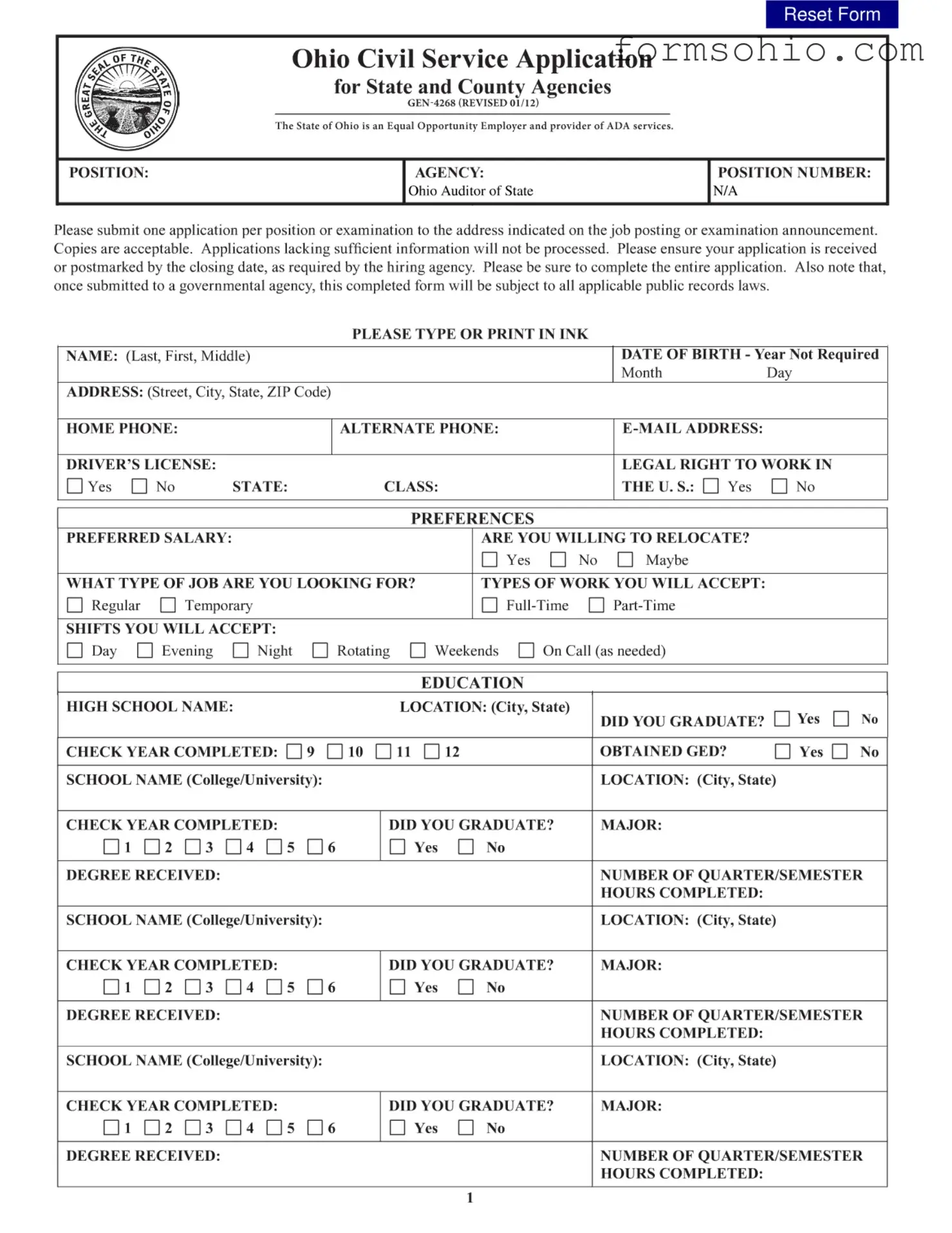 Fill a Valid Ohio Civil Service Application Form