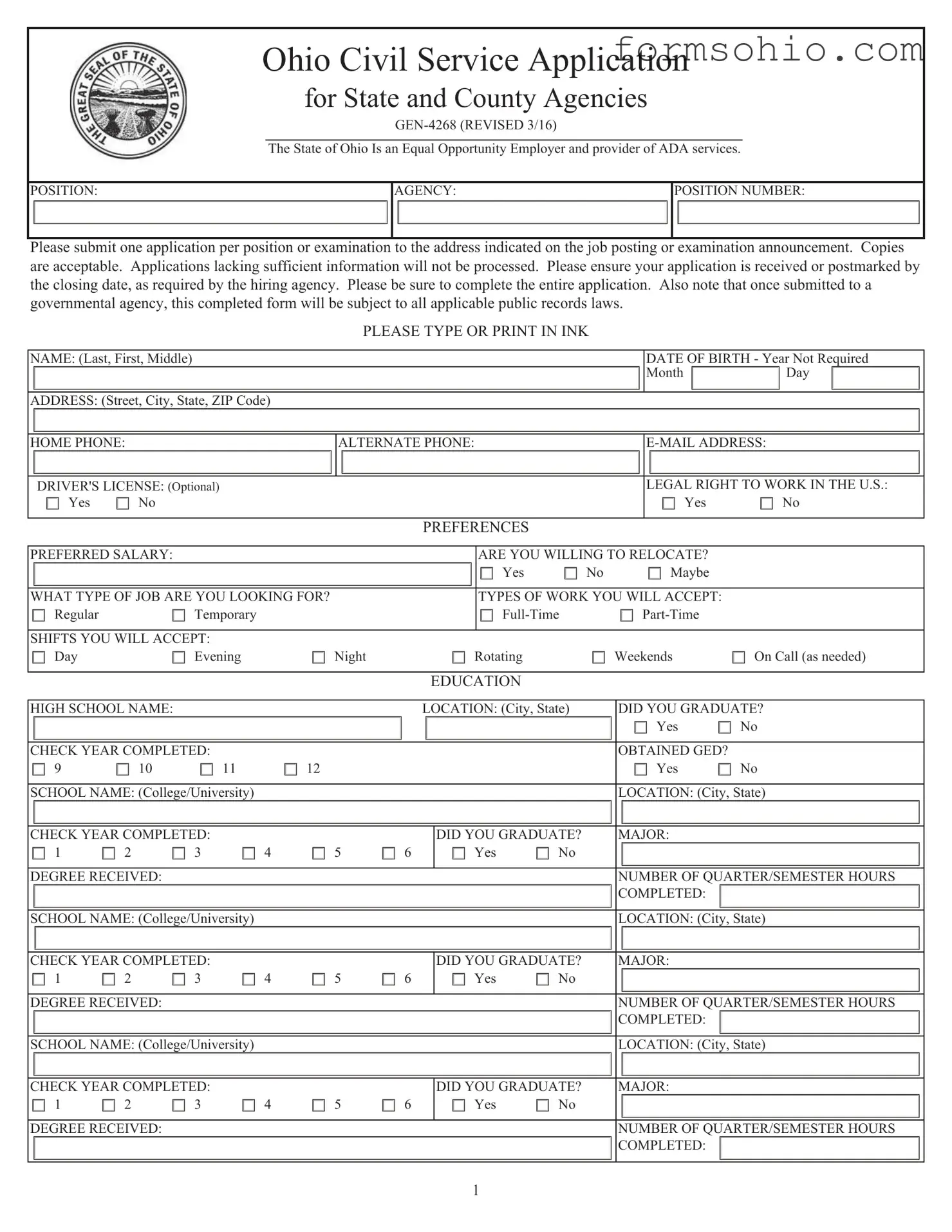 Fill a Valid Ohio Civil Service Form