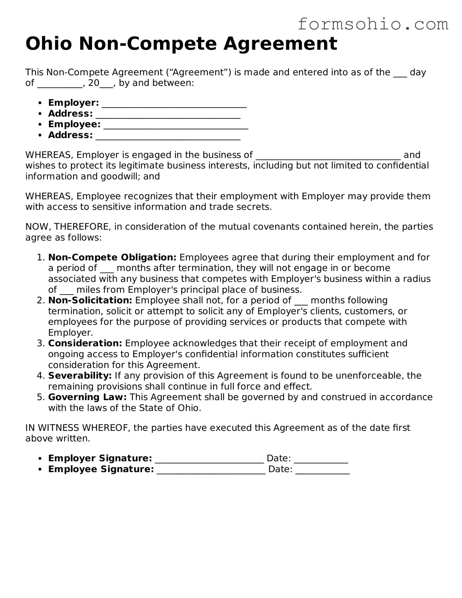 Printable Non-compete Agreement Template for the State of Ohio