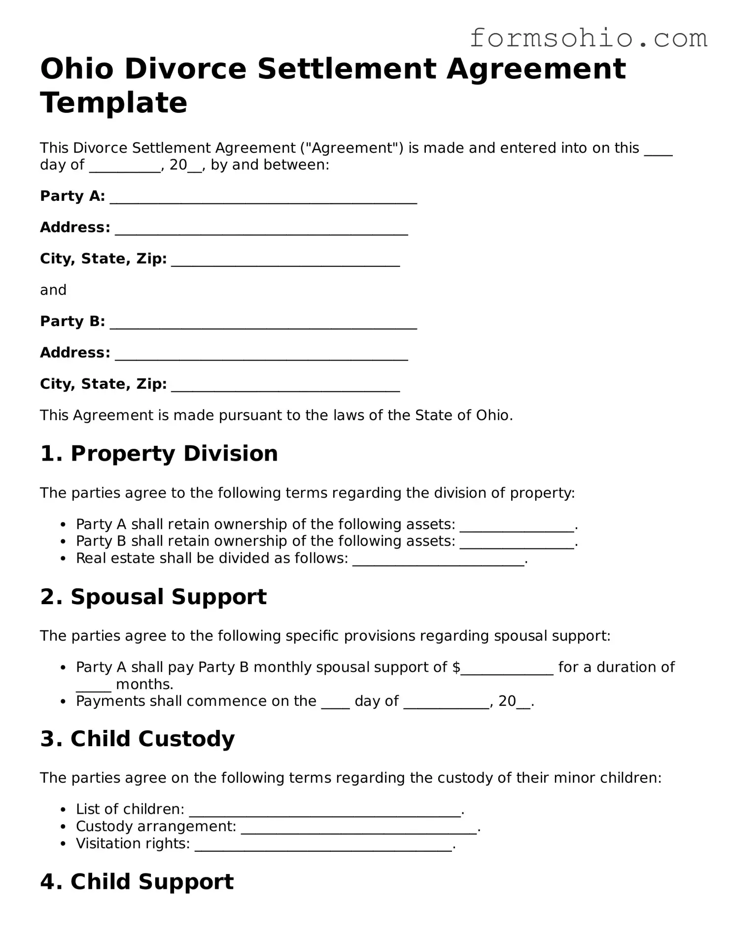 Printable Divorce Settlement Agreement Template for the State of Ohio