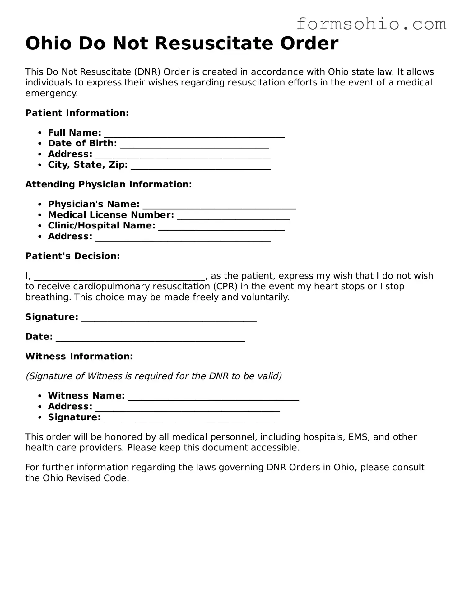 Printable Do Not Resuscitate Order Template for the State of Ohio