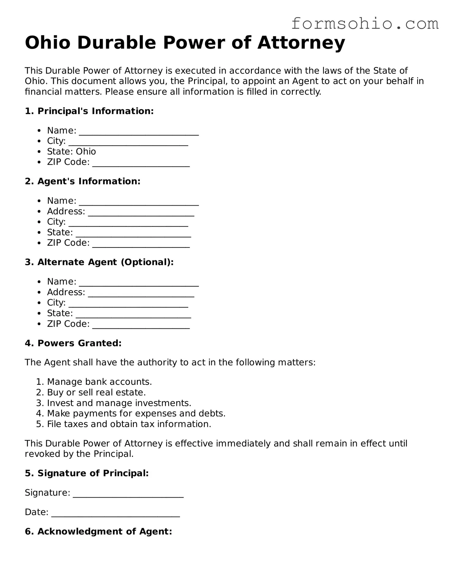 Printable Durable Power of Attorney Template for the State of Ohio