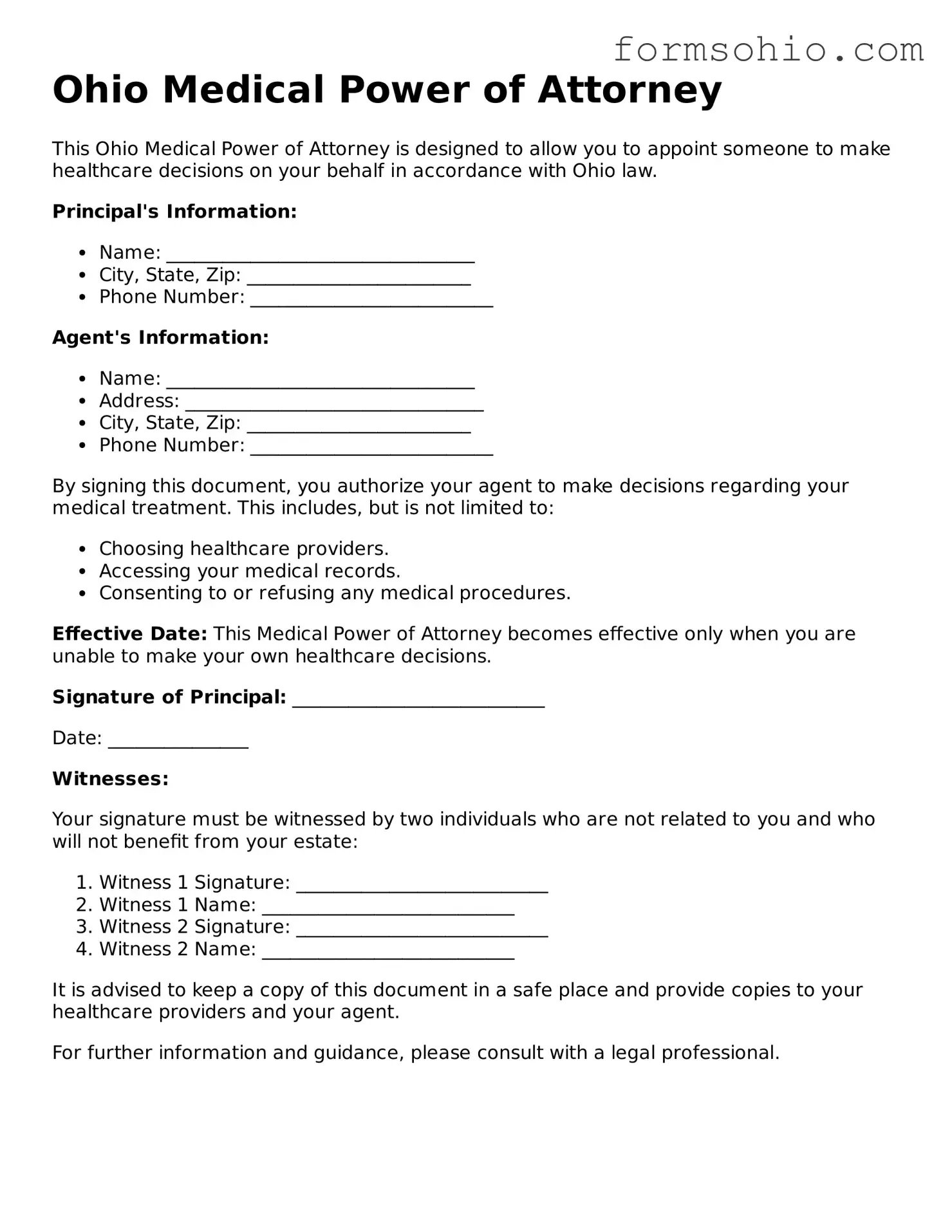 Printable Medical Power of Attorney Template for the State of Ohio