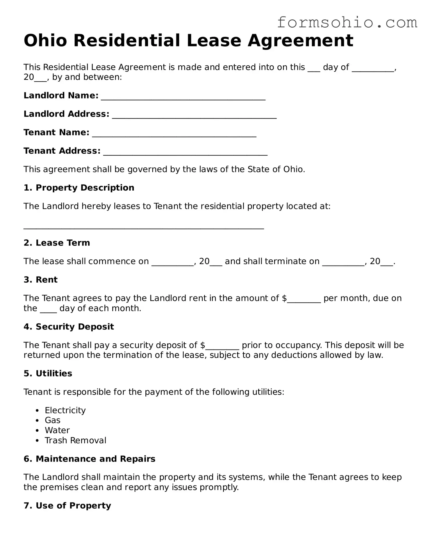 Printable Residential Lease Agreement Template for the State of Ohio