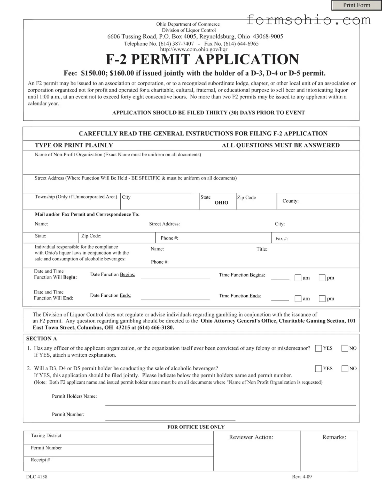Fill a Valid Ohio F 2 Permit Form