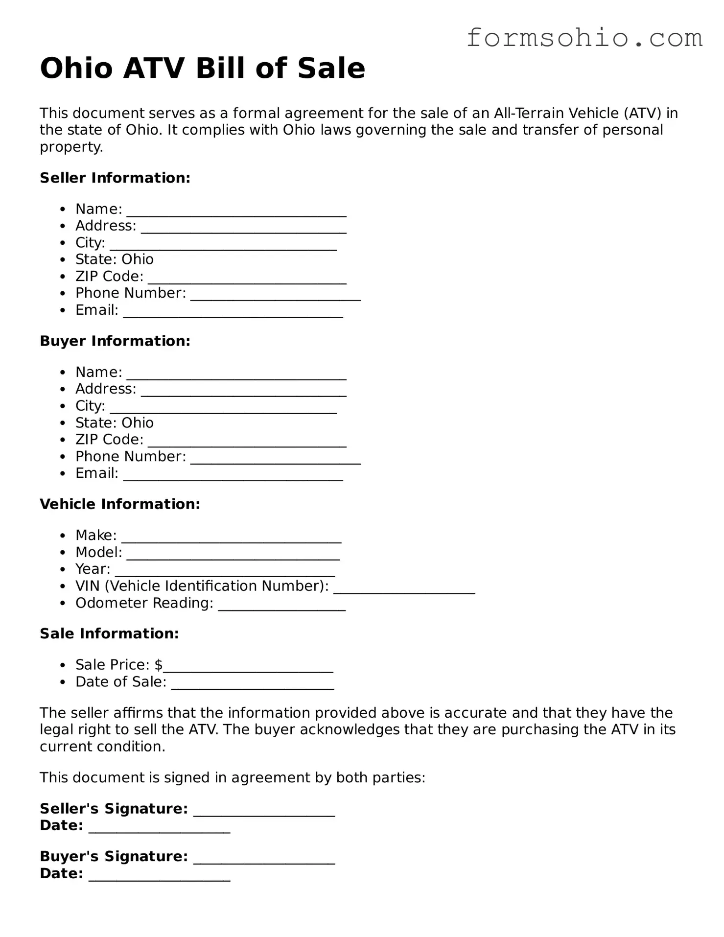 Printable ATV Bill of Sale Template for the State of Ohio