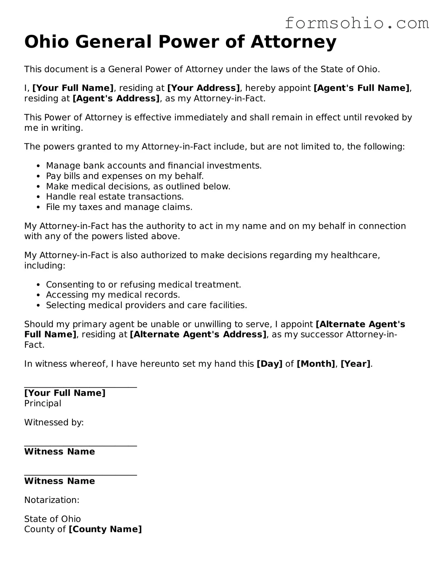 Printable General Power of Attorney Template for the State of Ohio