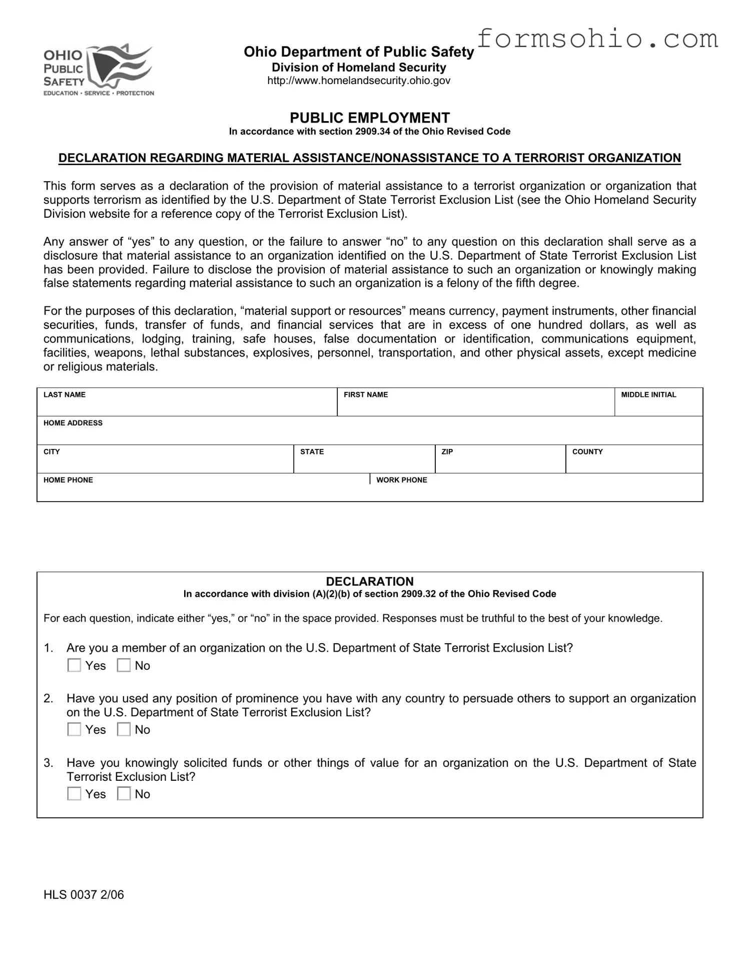 Fill a Valid Ohio Hls 0037 Form