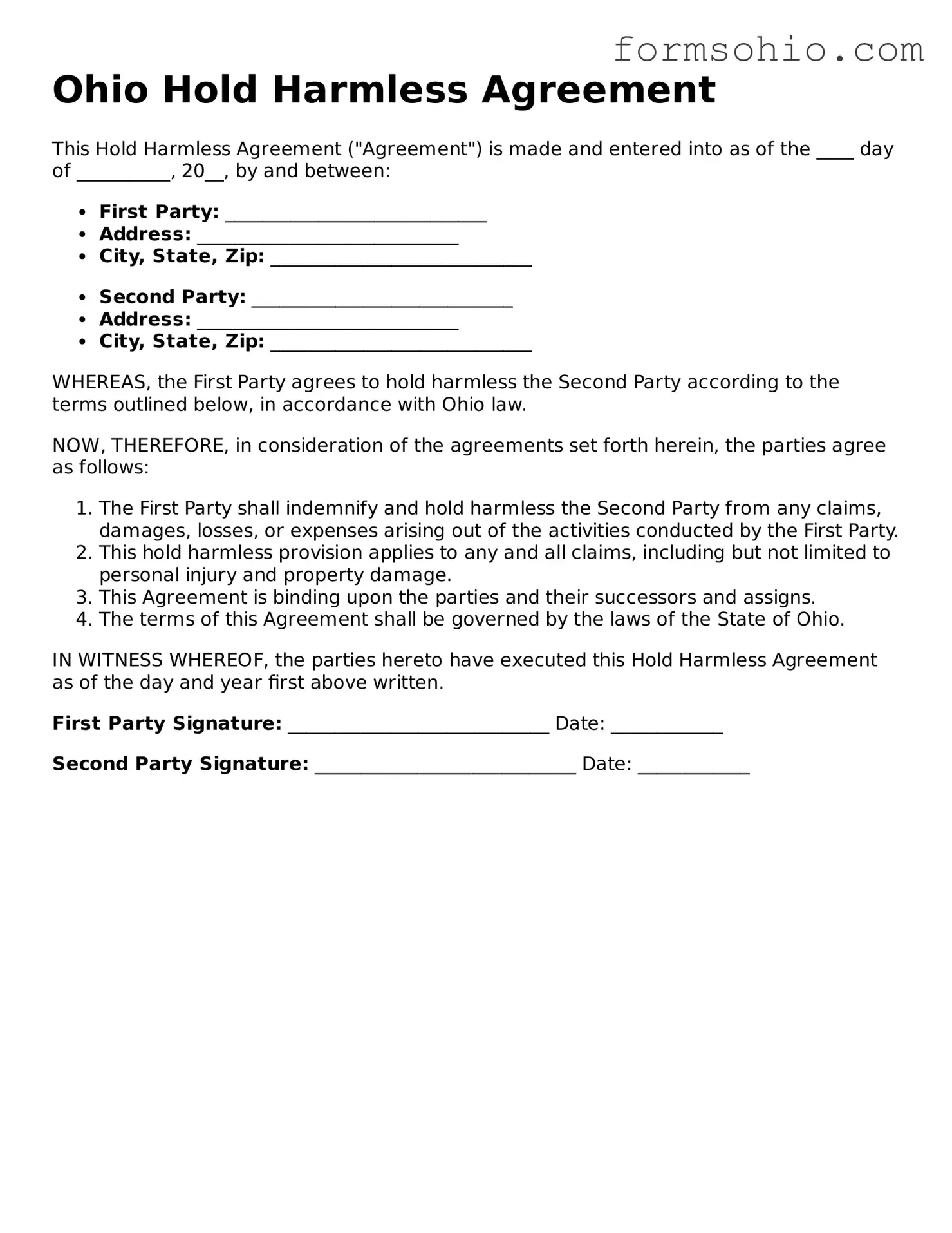 Printable Hold Harmless Agreement Template for the State of Ohio