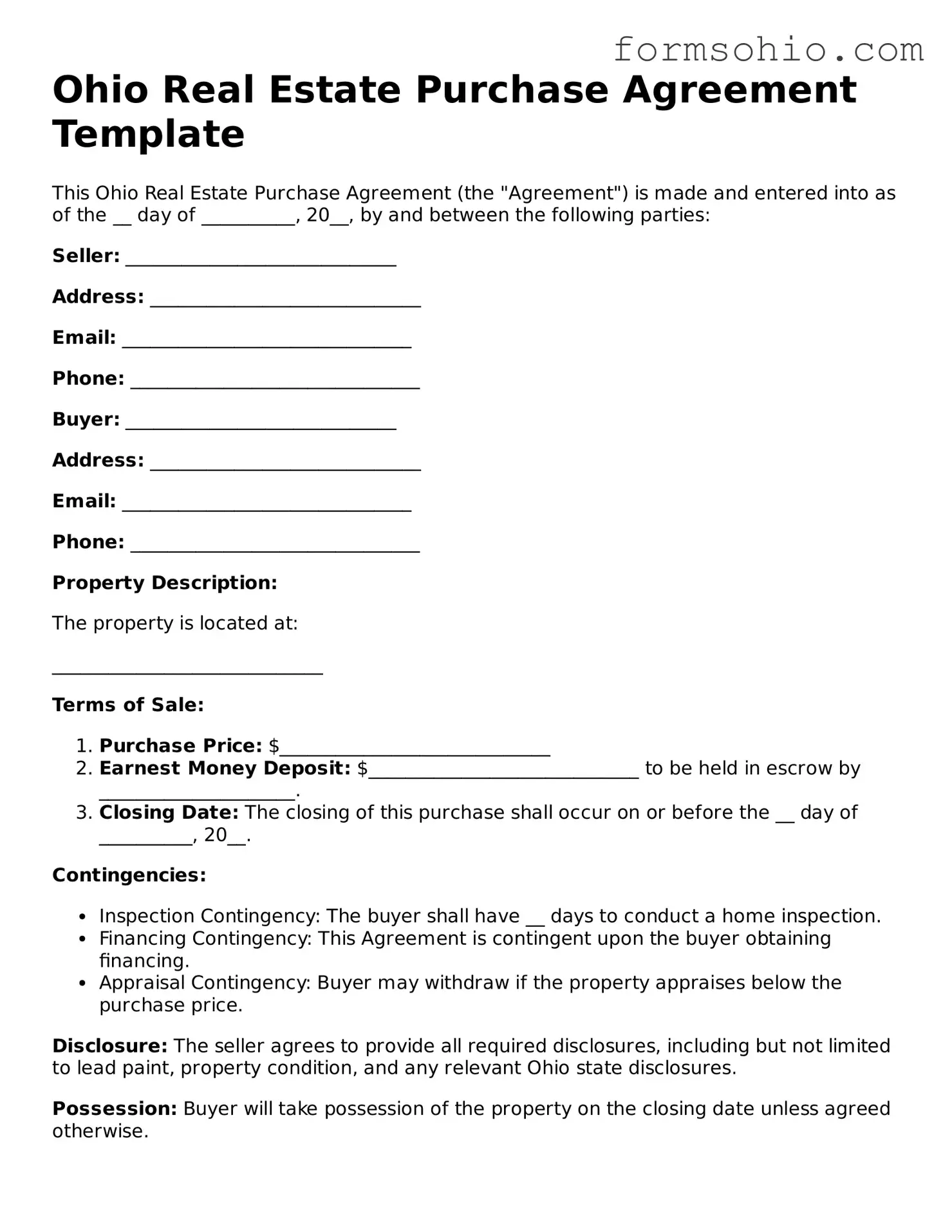 Printable Real Estate Purchase Agreement Template for the State of Ohio