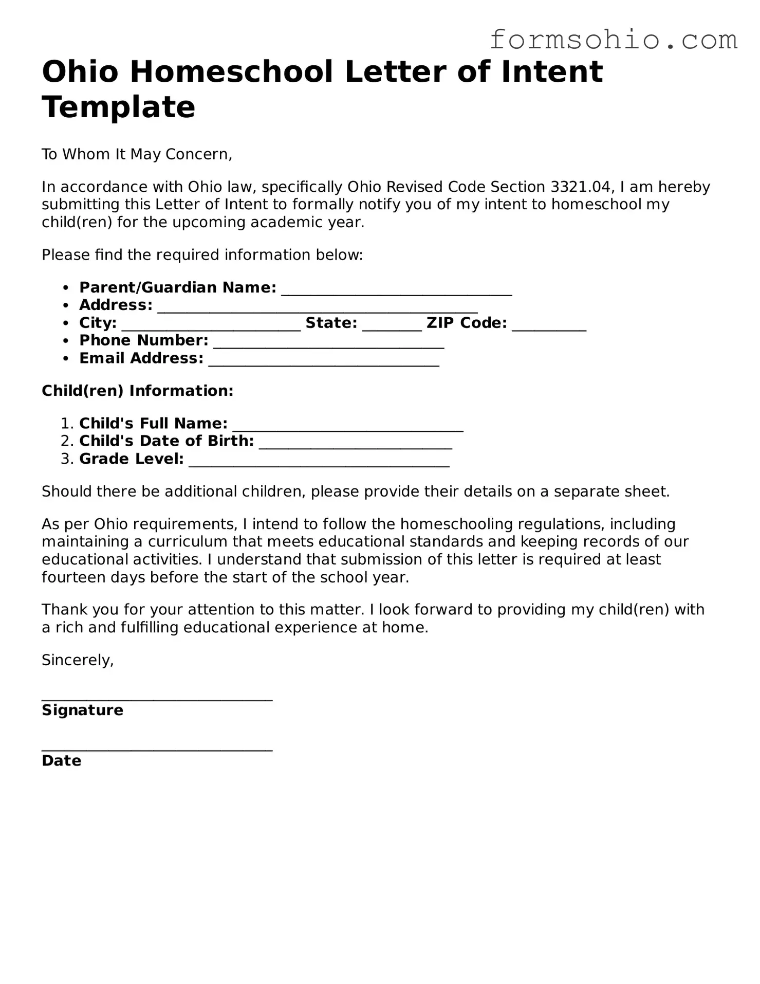 Printable Homeschool Letter of Intent Template for the State of Ohio