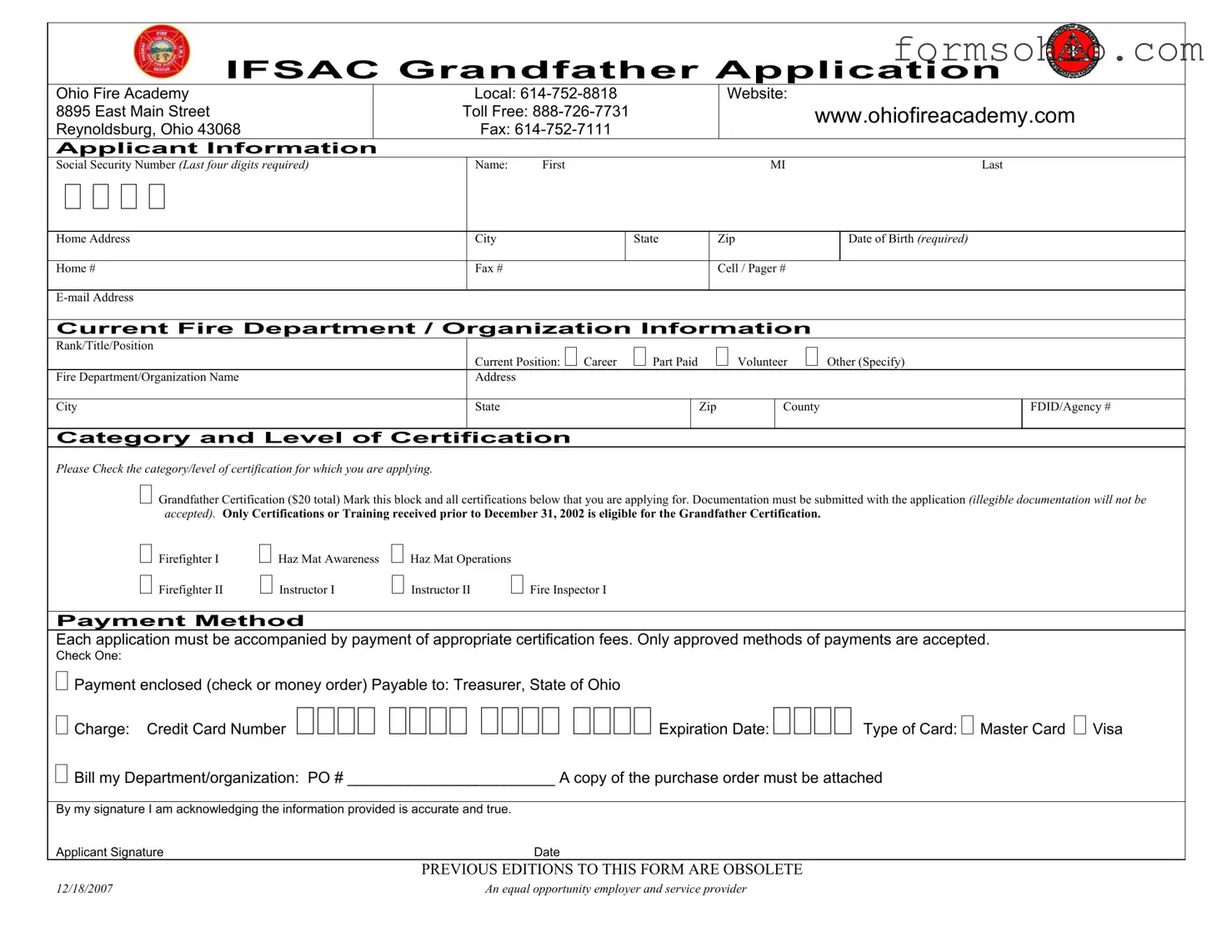 Fill a Valid Ohio Ifsac Grandfather Application Form