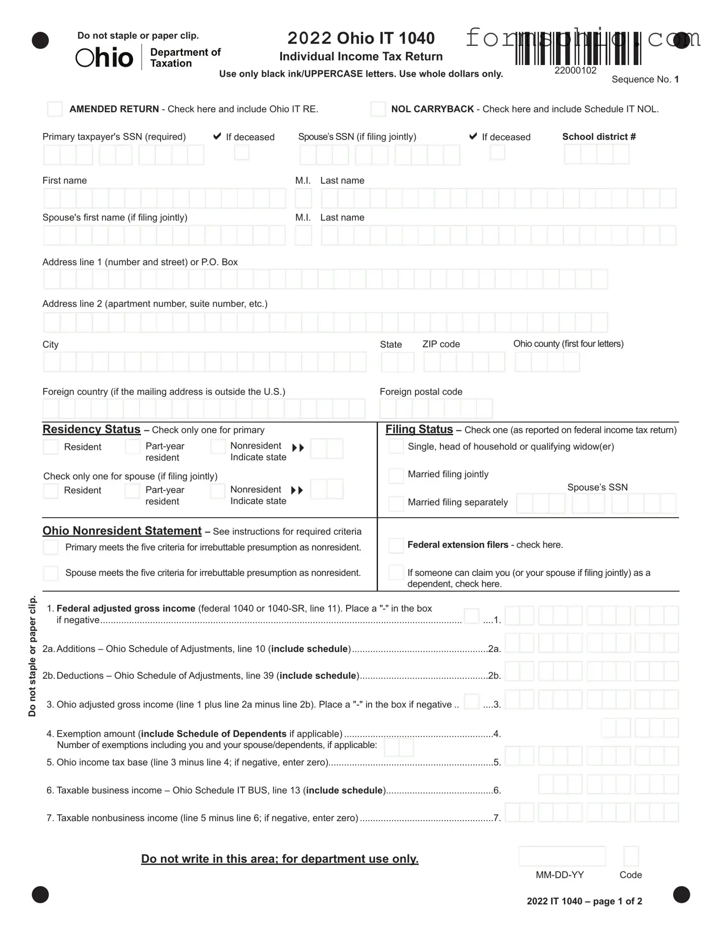 Fill a Valid Ohio It 1040Ez Form