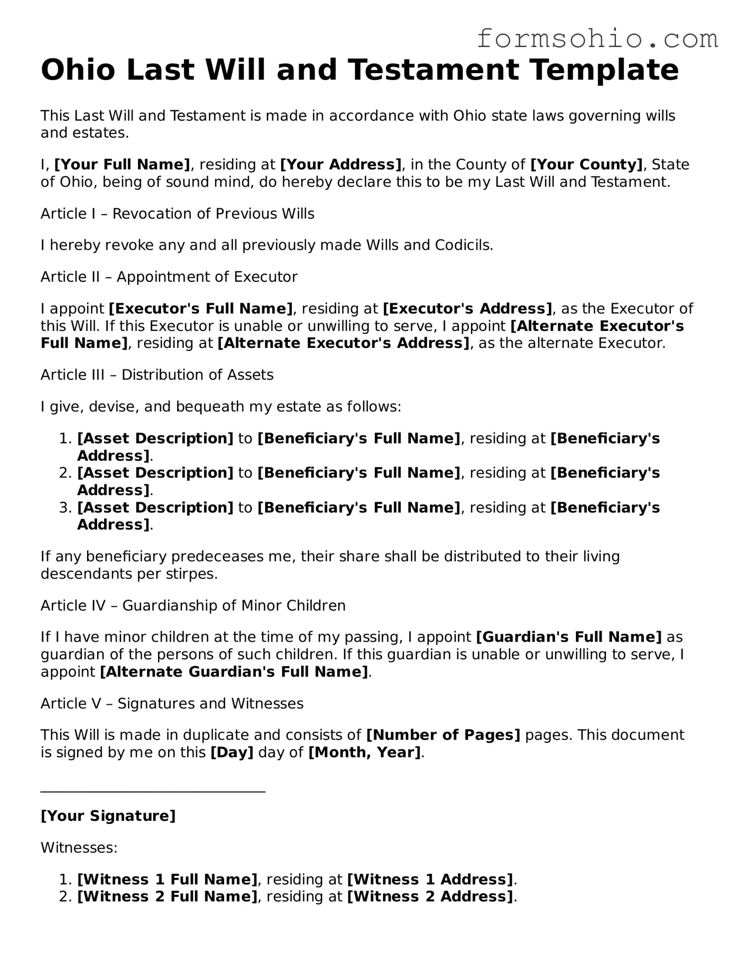 Printable Last Will and Testament Template for the State of Ohio
