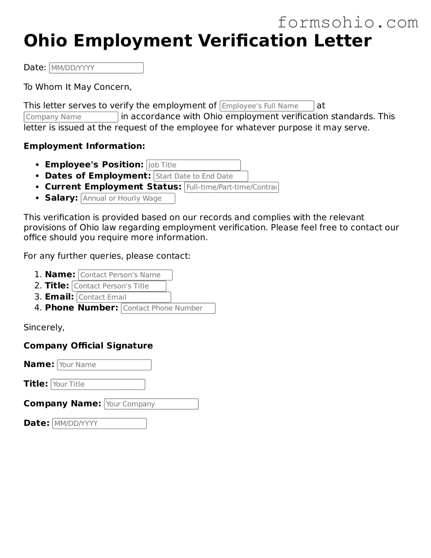 Printable Employment Verification Template for the State of Ohio