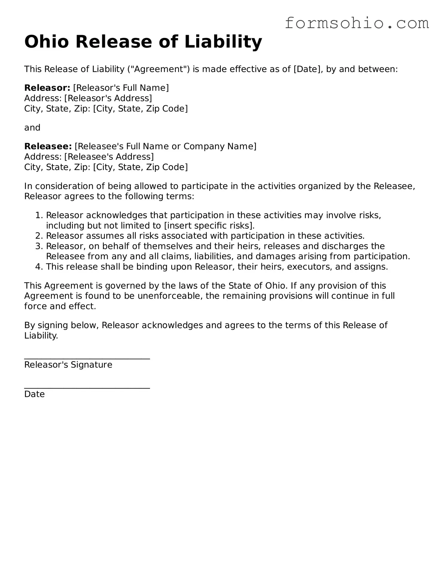 Printable Release of Liability Template for the State of Ohio