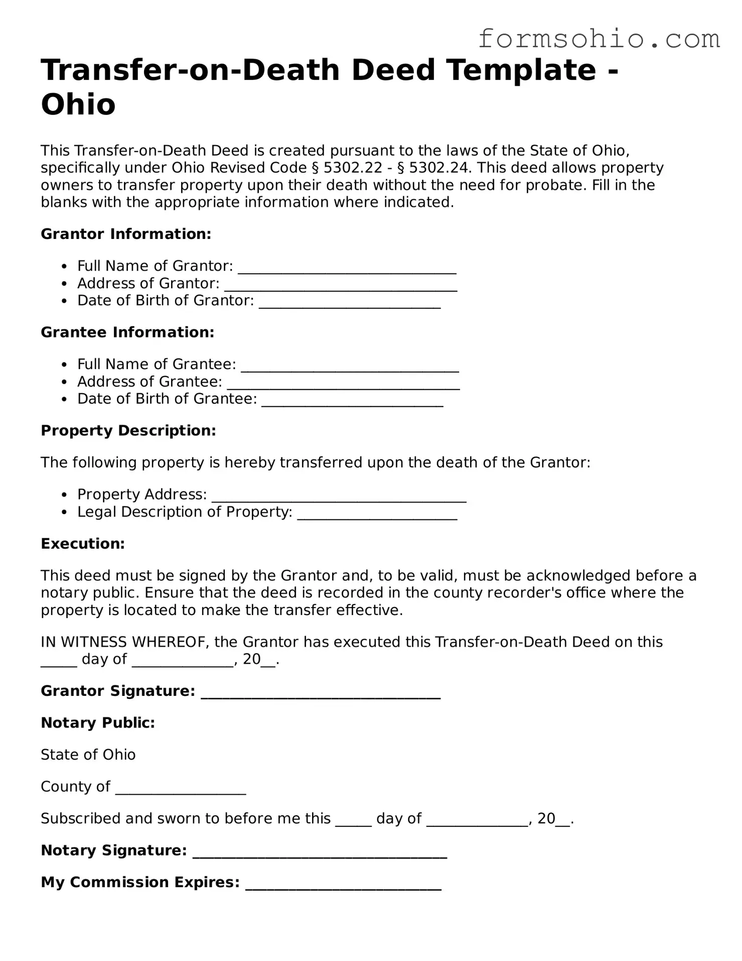Printable Transfer-on-Death Deed Template for the State of Ohio