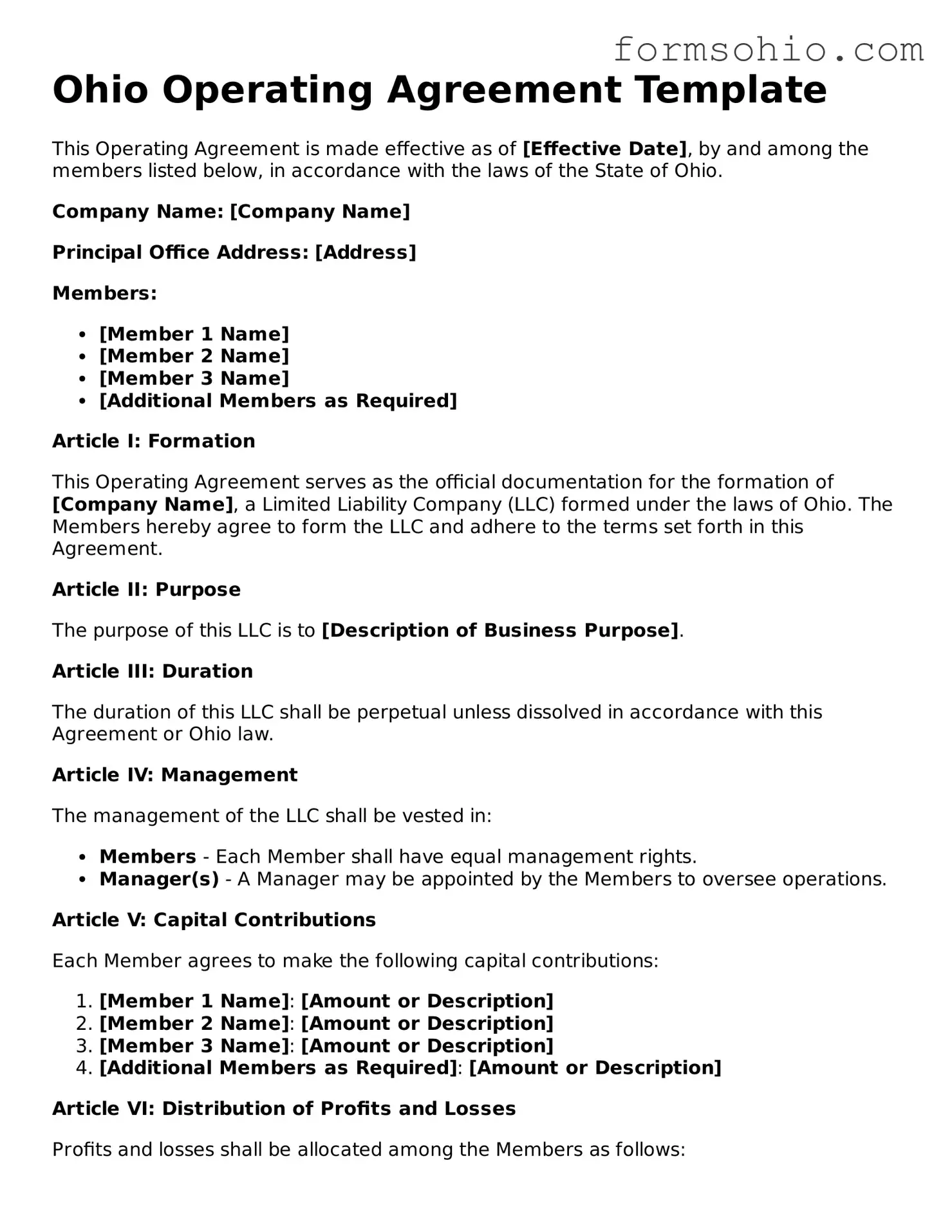 Printable Operating Agreement Template for the State of Ohio