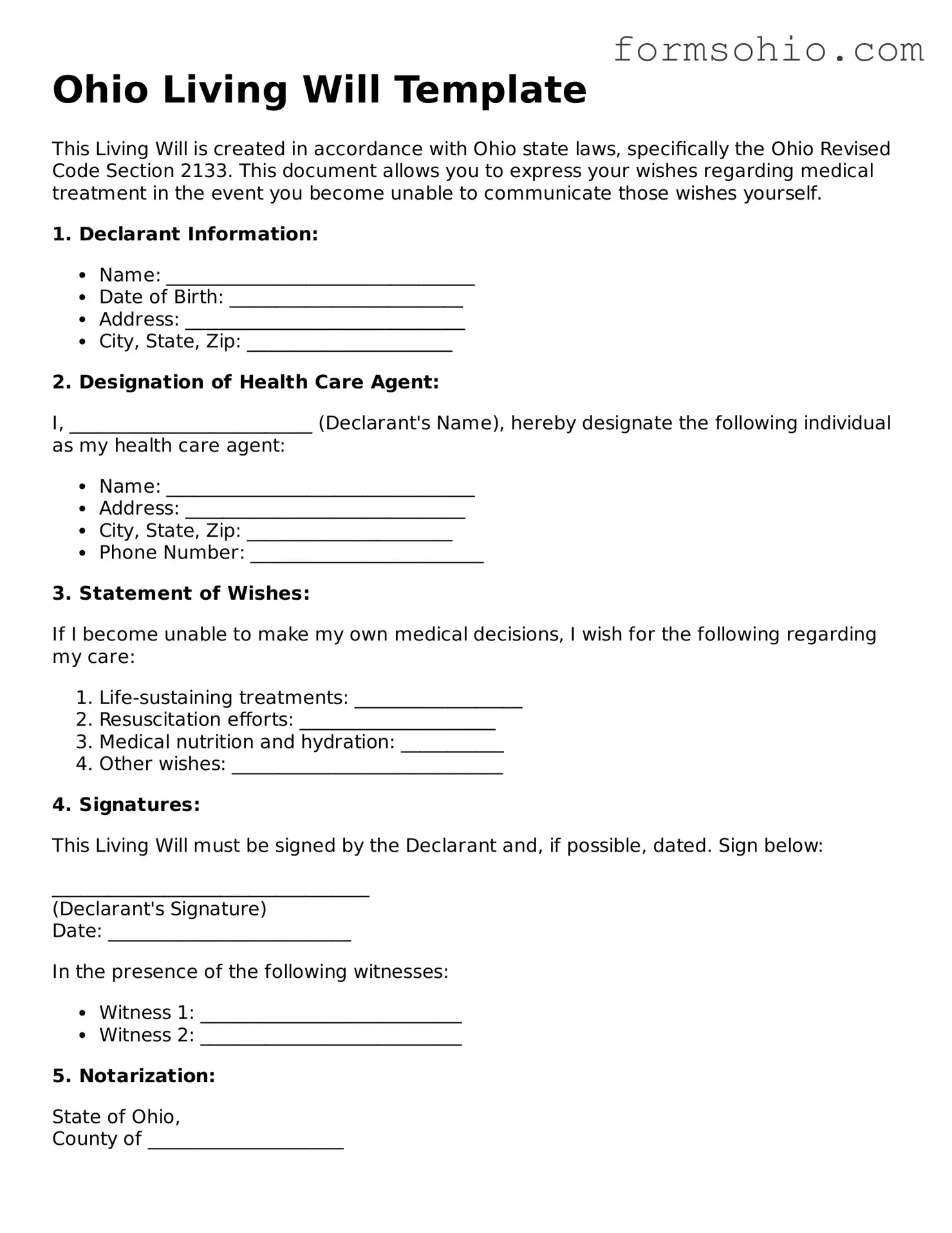 Printable Living Will Template for the State of Ohio