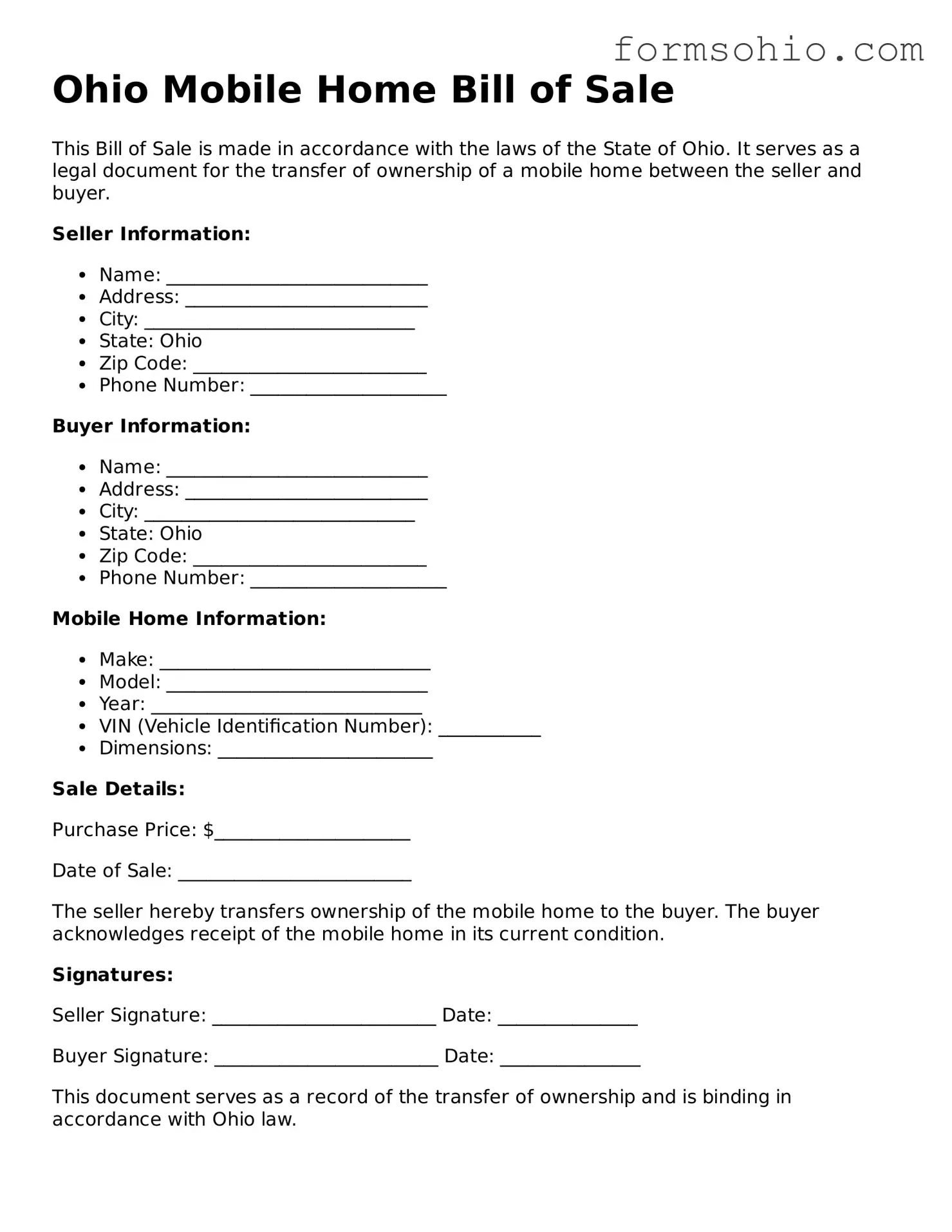 Printable Mobile Home Bill of Sale Template for the State of Ohio