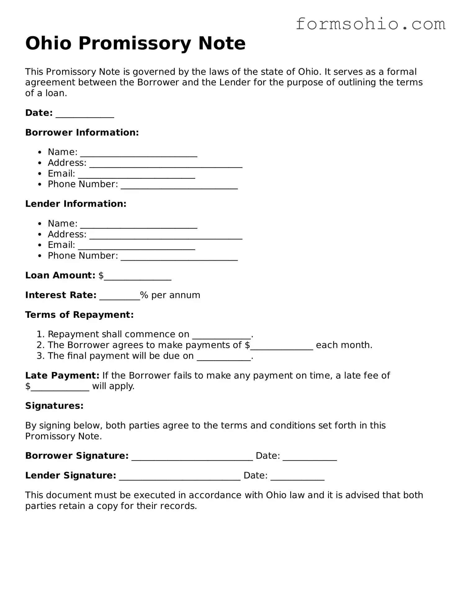Printable Promissory Note Template for the State of Ohio