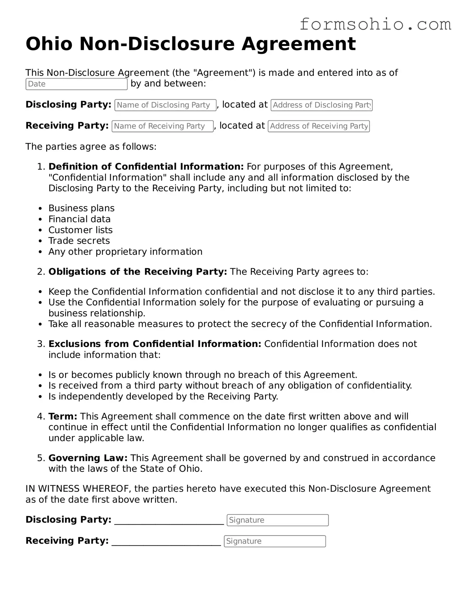Printable Non-disclosure Agreement Template for the State of Ohio