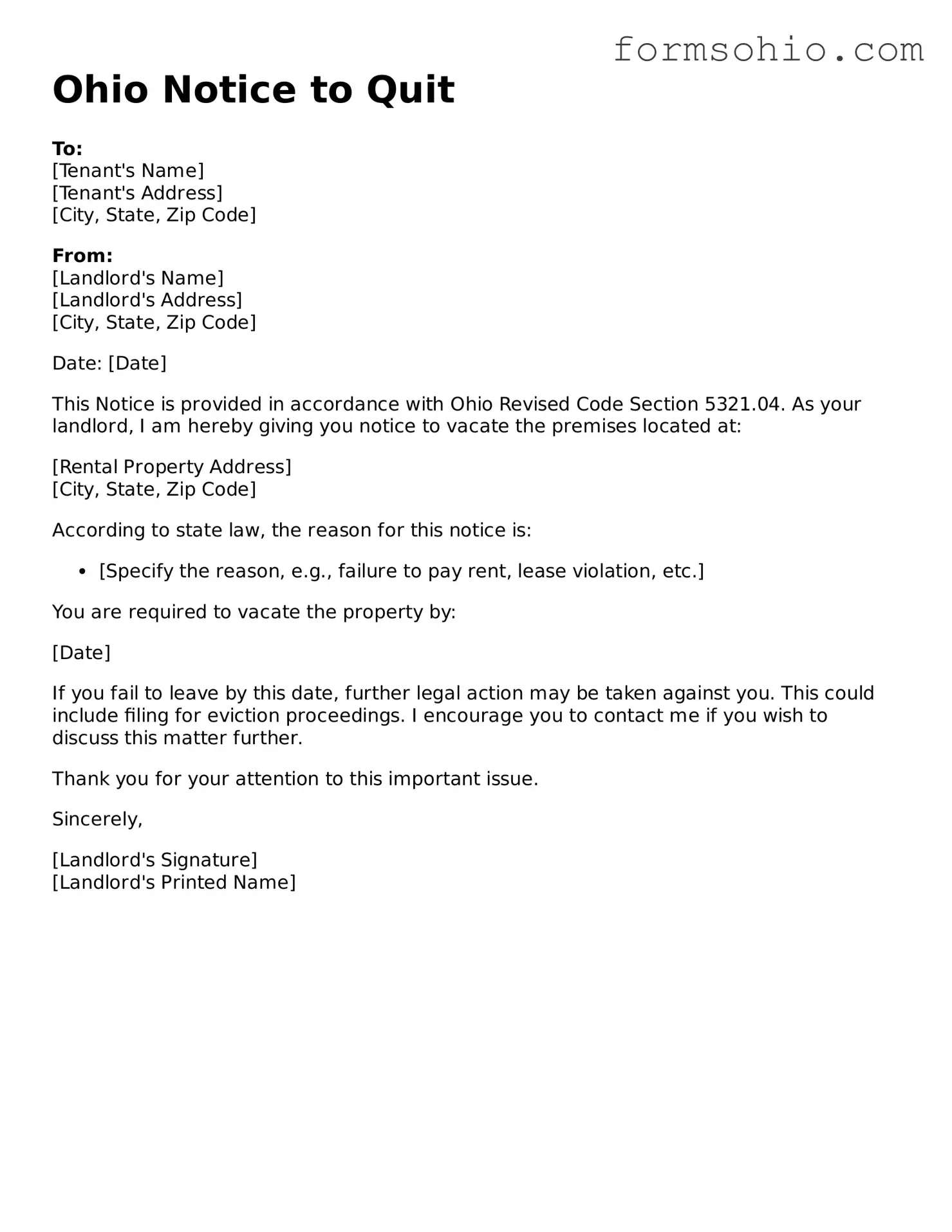 Printable Notice to Quit Template for the State of Ohio