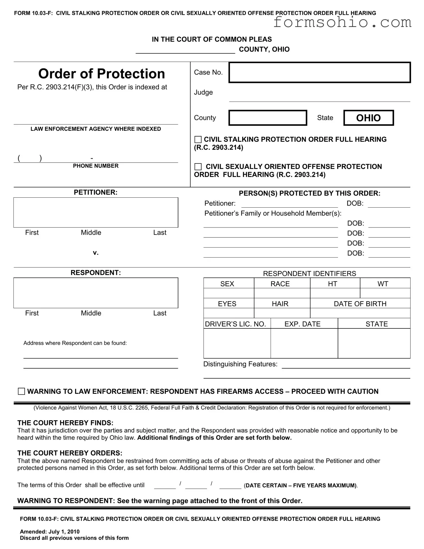 Fill a Valid Ohio Order Of Protection Form