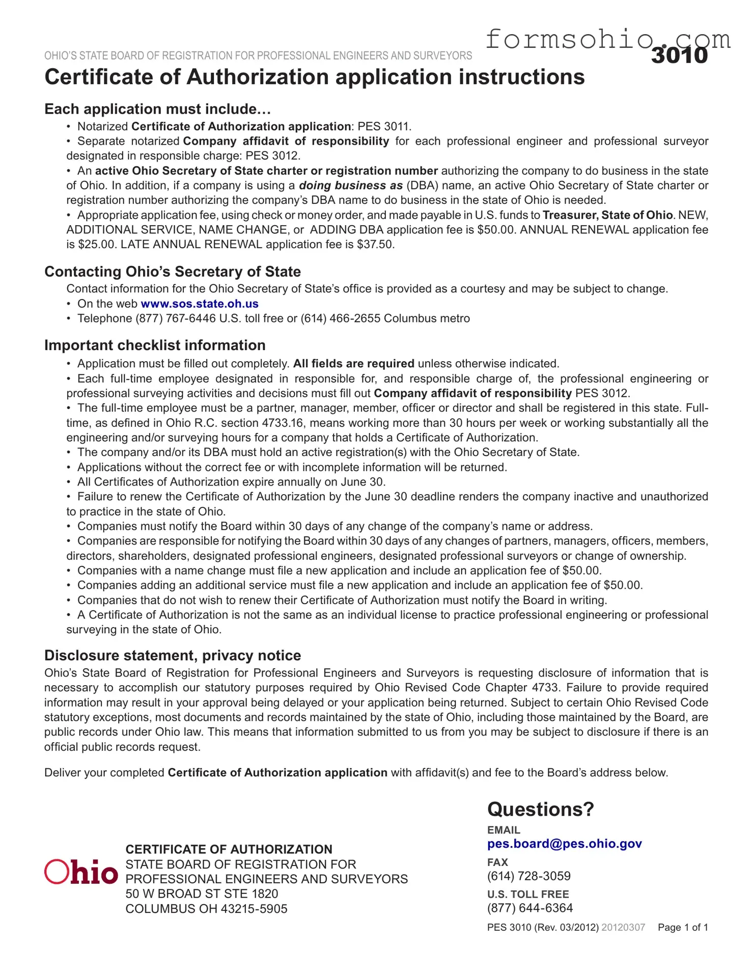 Fill a Valid Ohio Pes 3011 Form