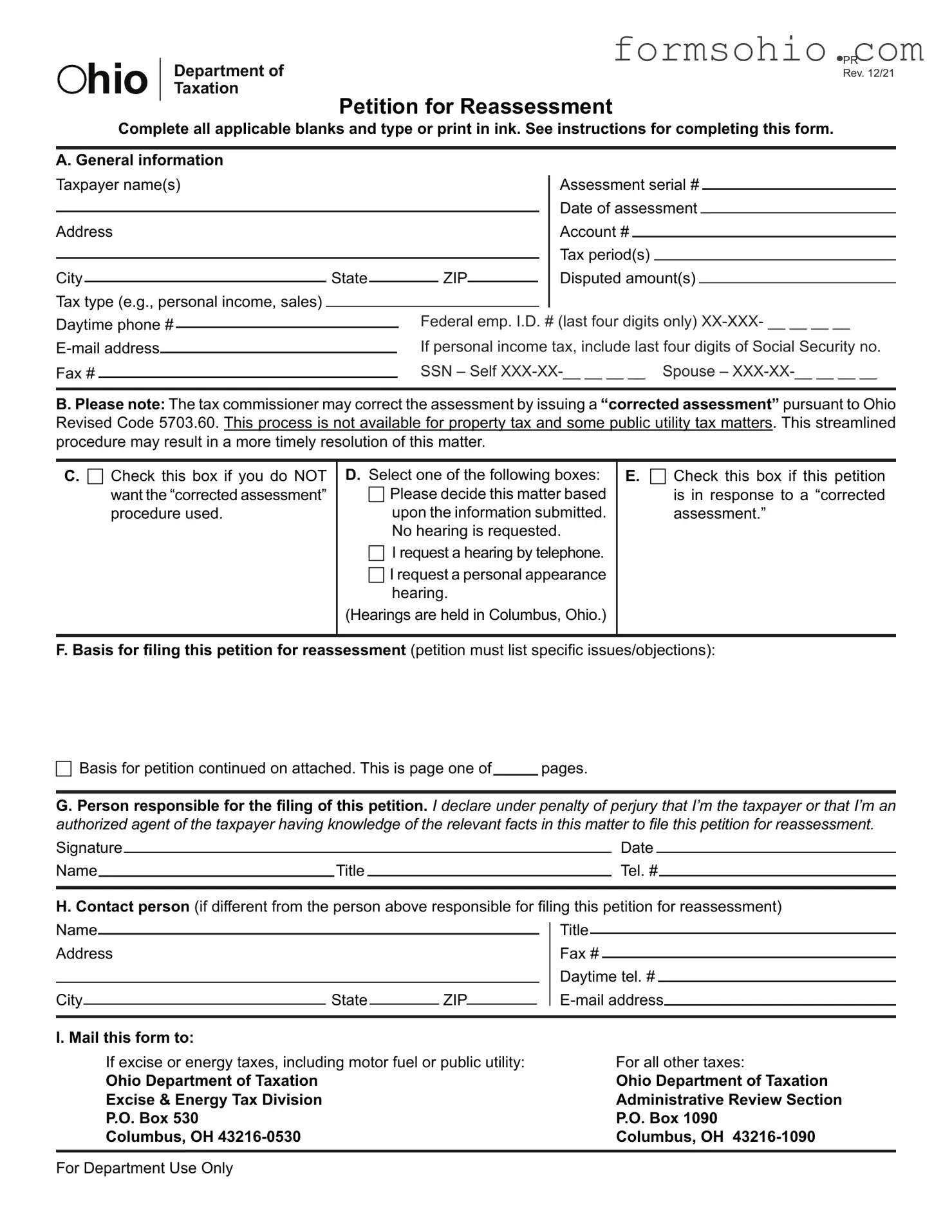 Fill a Valid Ohio Petition For Reassessment Form