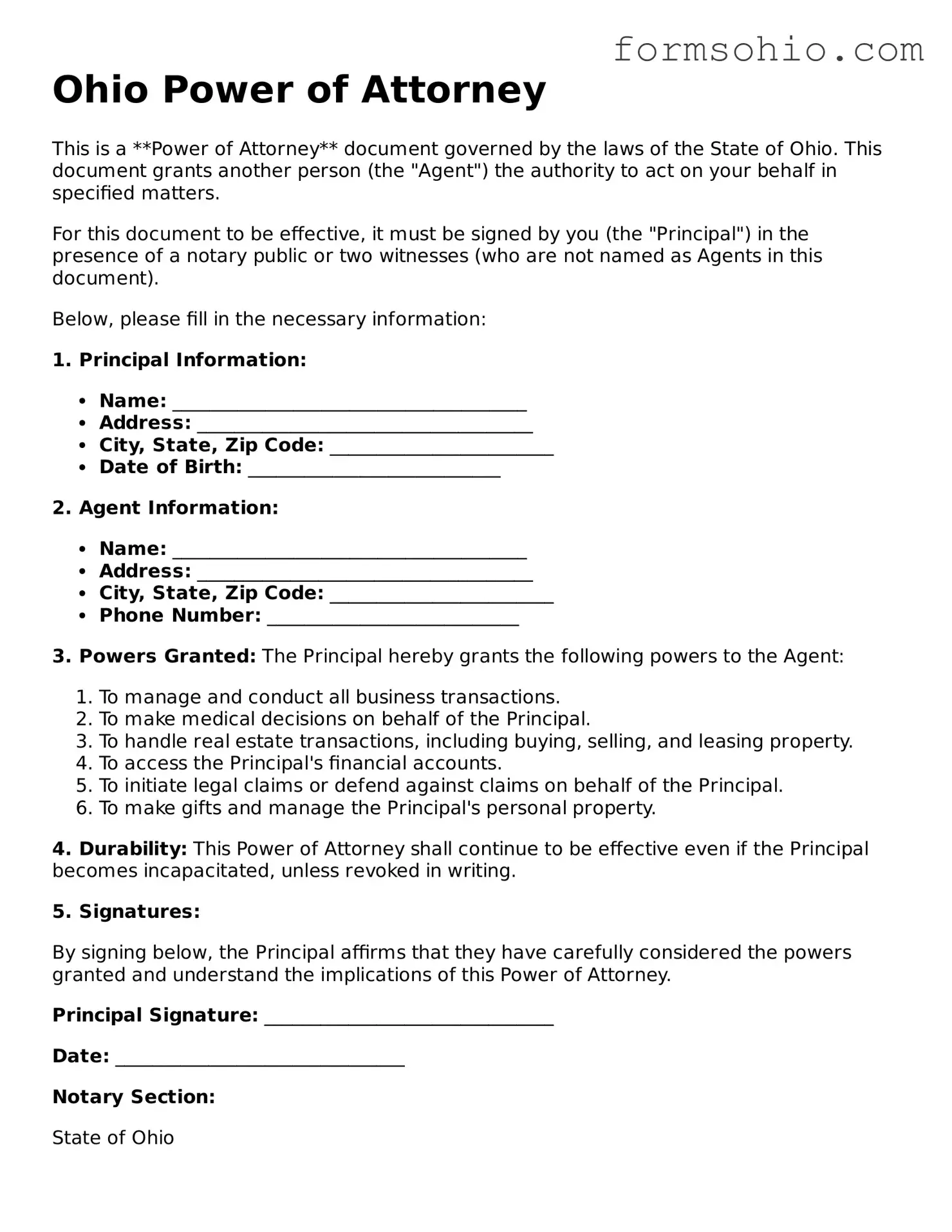 Printable Power of Attorney Template for the State of Ohio