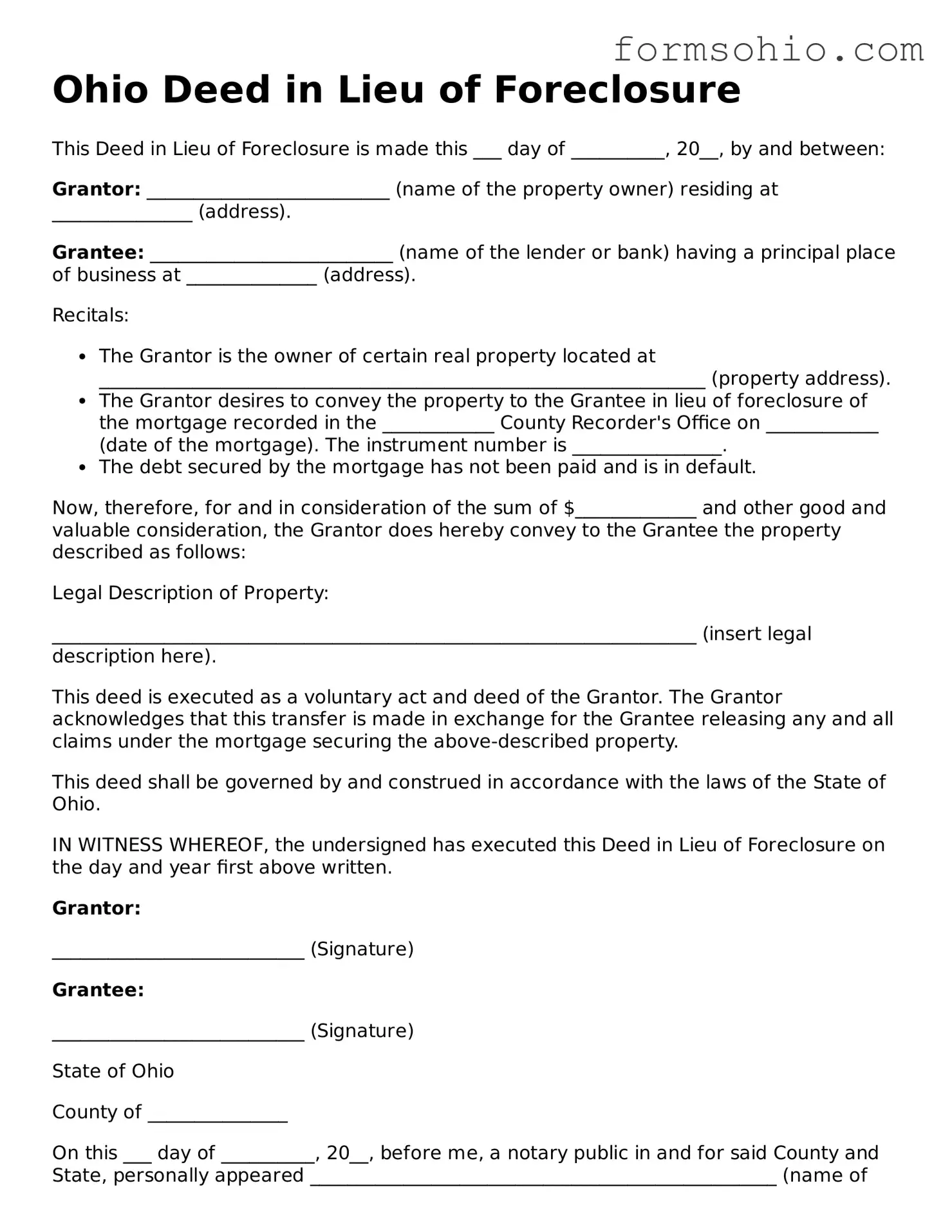 Printable Deed in Lieu of Foreclosure Template for the State of Ohio
